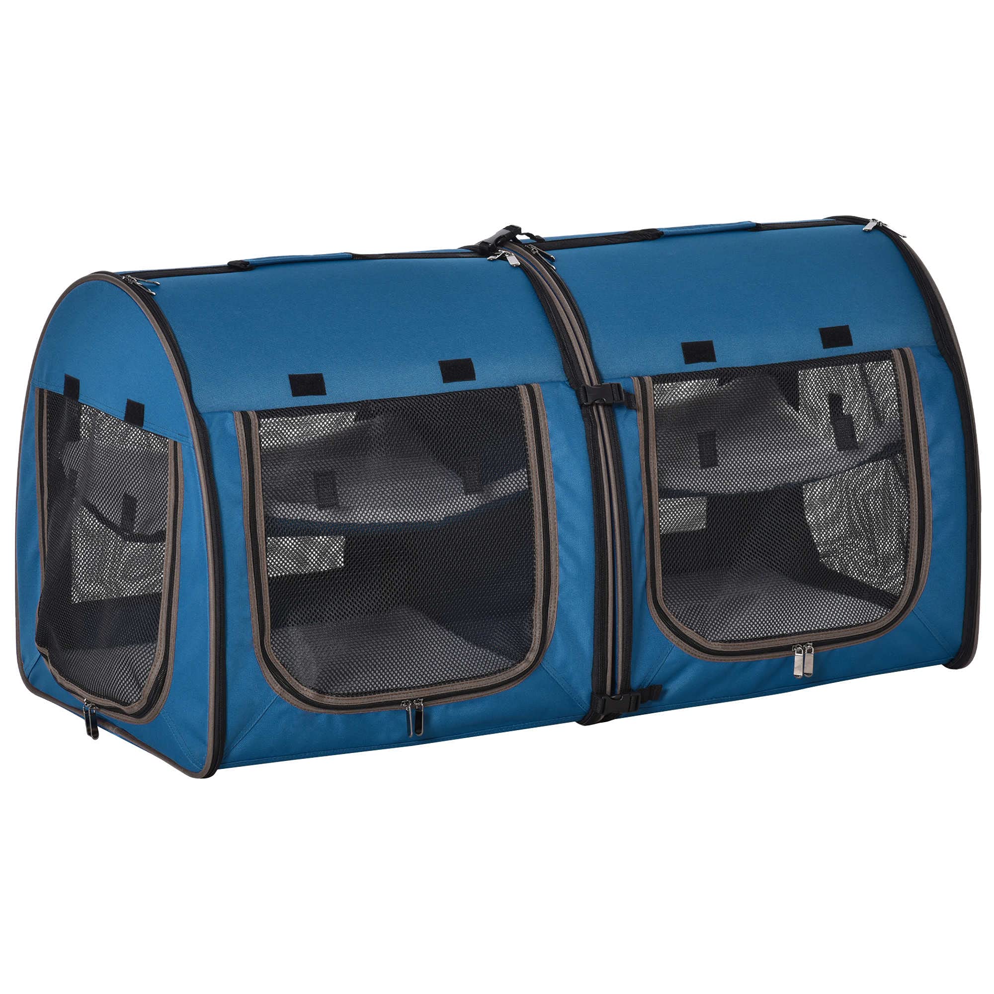 Pawhut 39' Portable Soft-Sided Cat Carrier, Travel Pet Carrier With Divider, Two Compartments, Soft Cushions, & Storage Bag, Blue