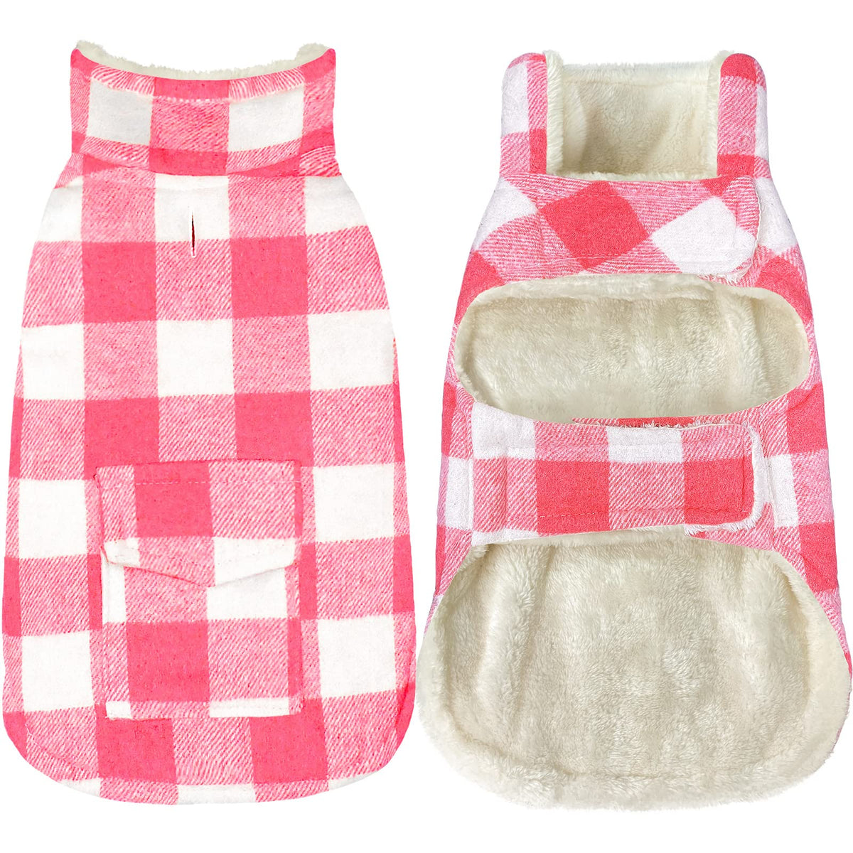 Malier Dog Coat, Classic Plaid Fleece, Windproof Warm Winter Jacket With Pocket, X-Small, Pink