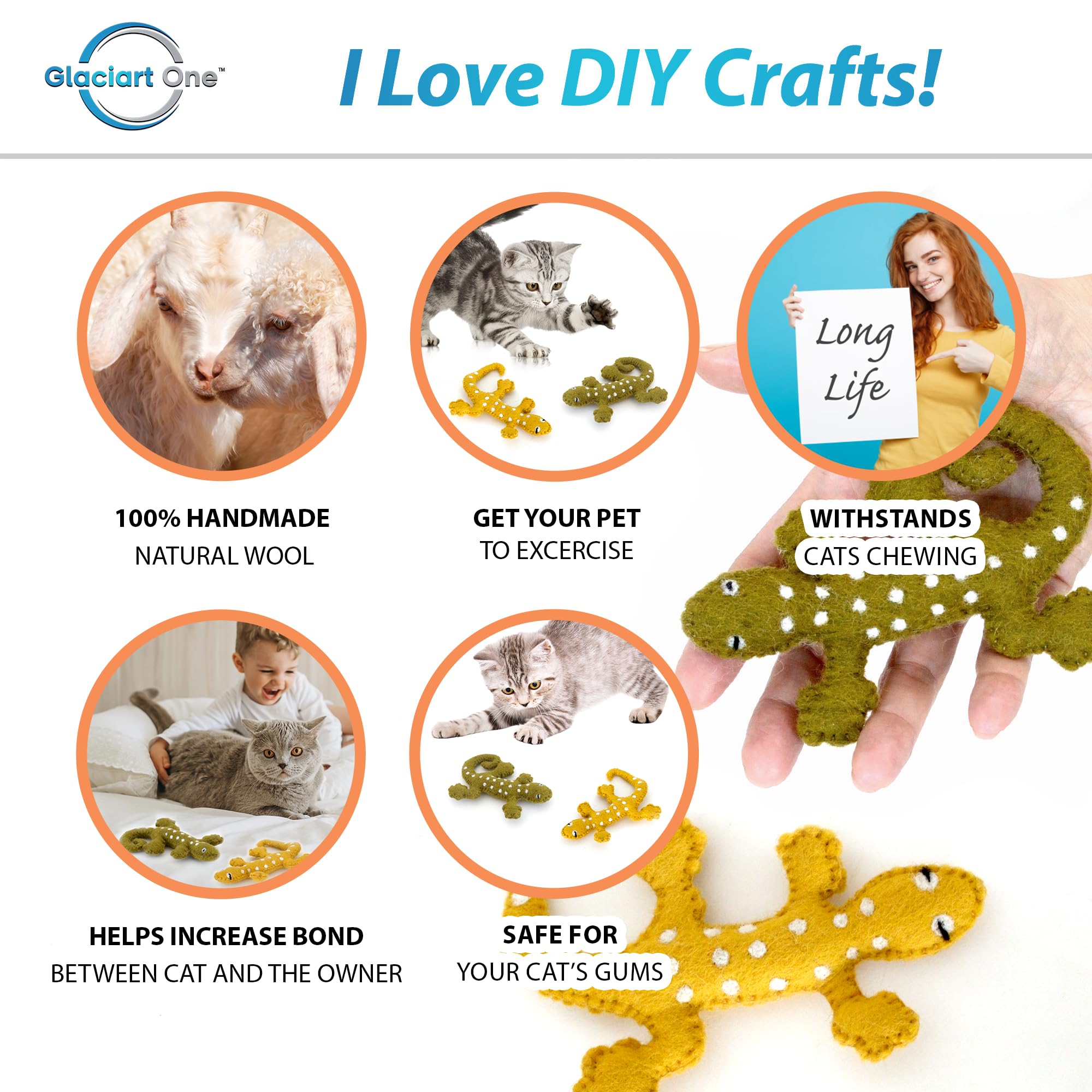 Glaciart One Felt Lizard Cat Toy - 2 Pcs | Soft Fuzzy Enrichment 100% Natural Wool - Interactive Catnip Play Cat Toy Set - Safe