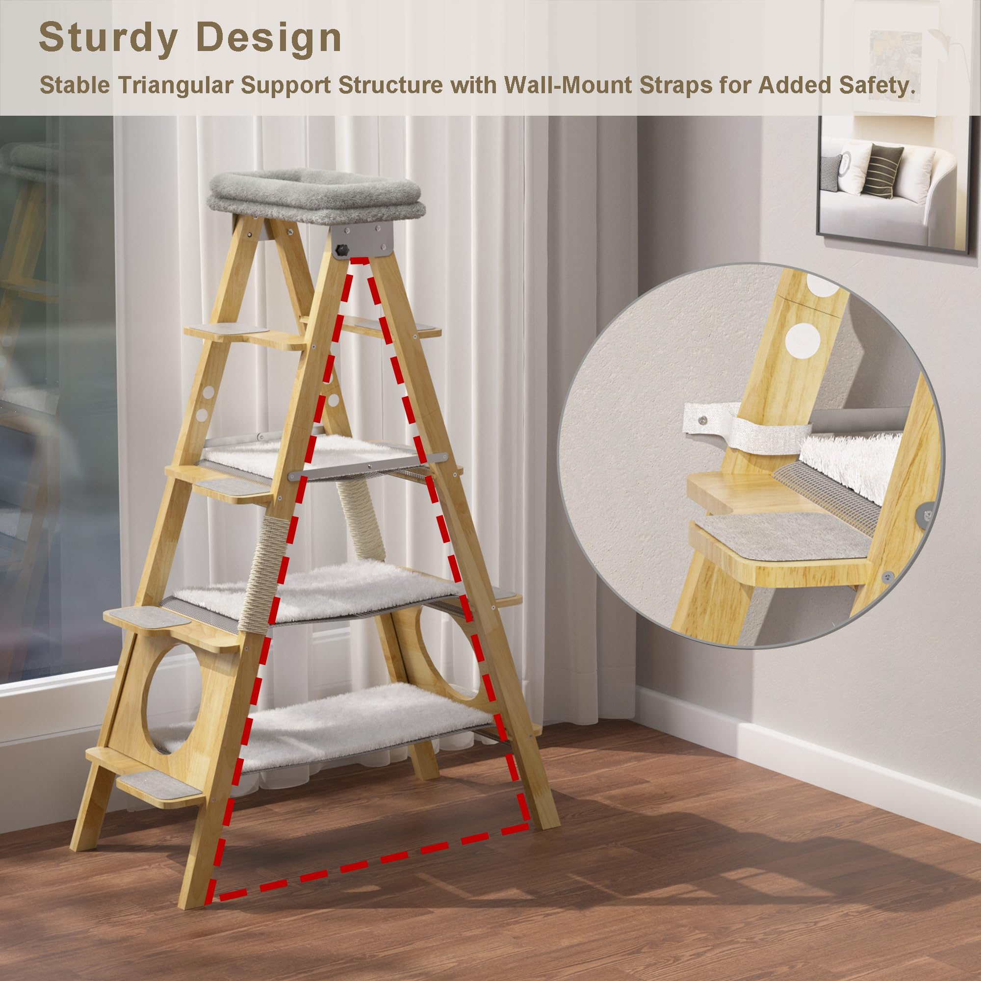 Gdlf Modern Wood Cat Tree Foldable Ladder Design With Hammock & Sisal Scratch Post, Solid Wood Tall Tower For Large Cat Easy Cle