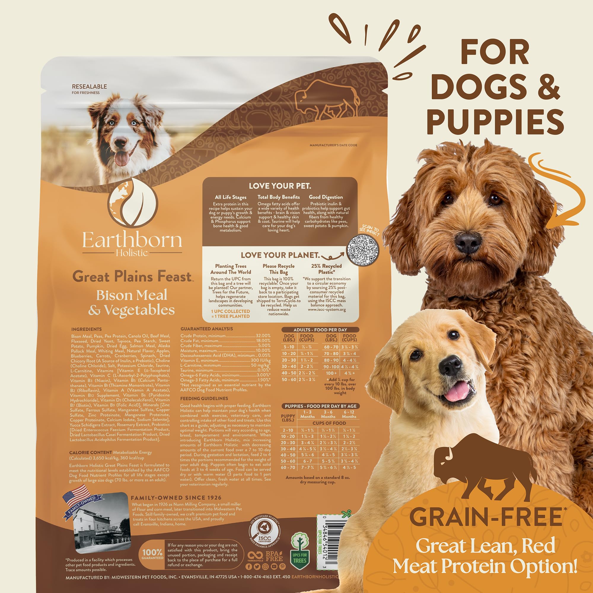 Earthborn Holistic Great Plains Feast Bison Meal & Vegetables Grain-Free High Protein Dry Food for Dogs & Puppies (4 lb. Bag)