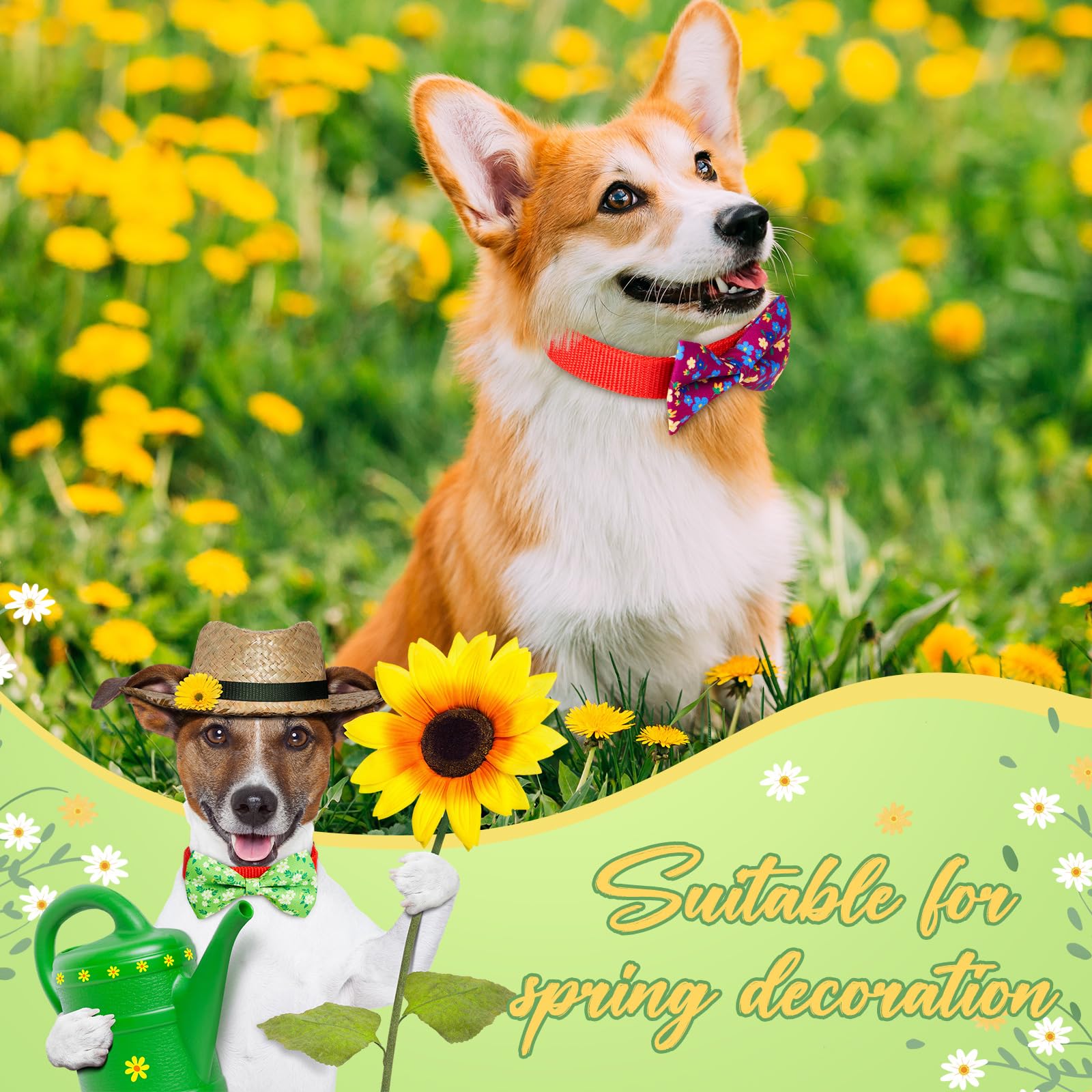 Hillban 50 Pieces Floral Collar Dog Bow Ties Flower Dog Collar Accessories Bow Ties Attachment With Elastic Bands Detachable Cha