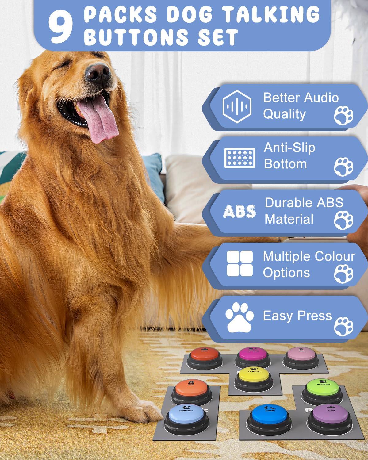 Dog Buttons For Communication, 9 Pcs Dog Talking Button Set, 30S Voice Recording Pet Buzzer Training Buttons, Speaking Button Fo