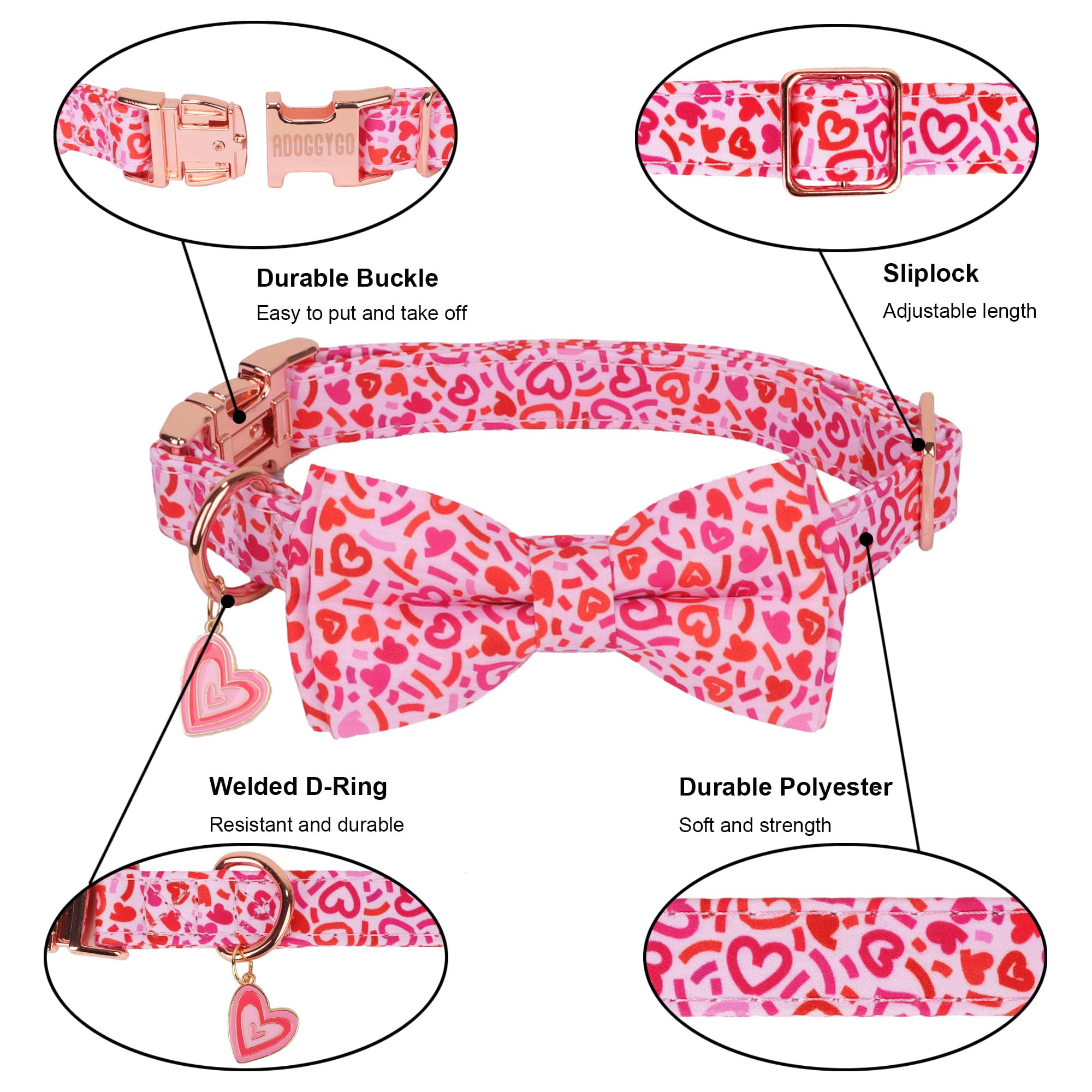 Adoggygo Valentine Dog Collar With Bow, Metal Buckle, Adjustable Pink Heart Bowtie Pet Valentine Collars For Large And Extra Lar