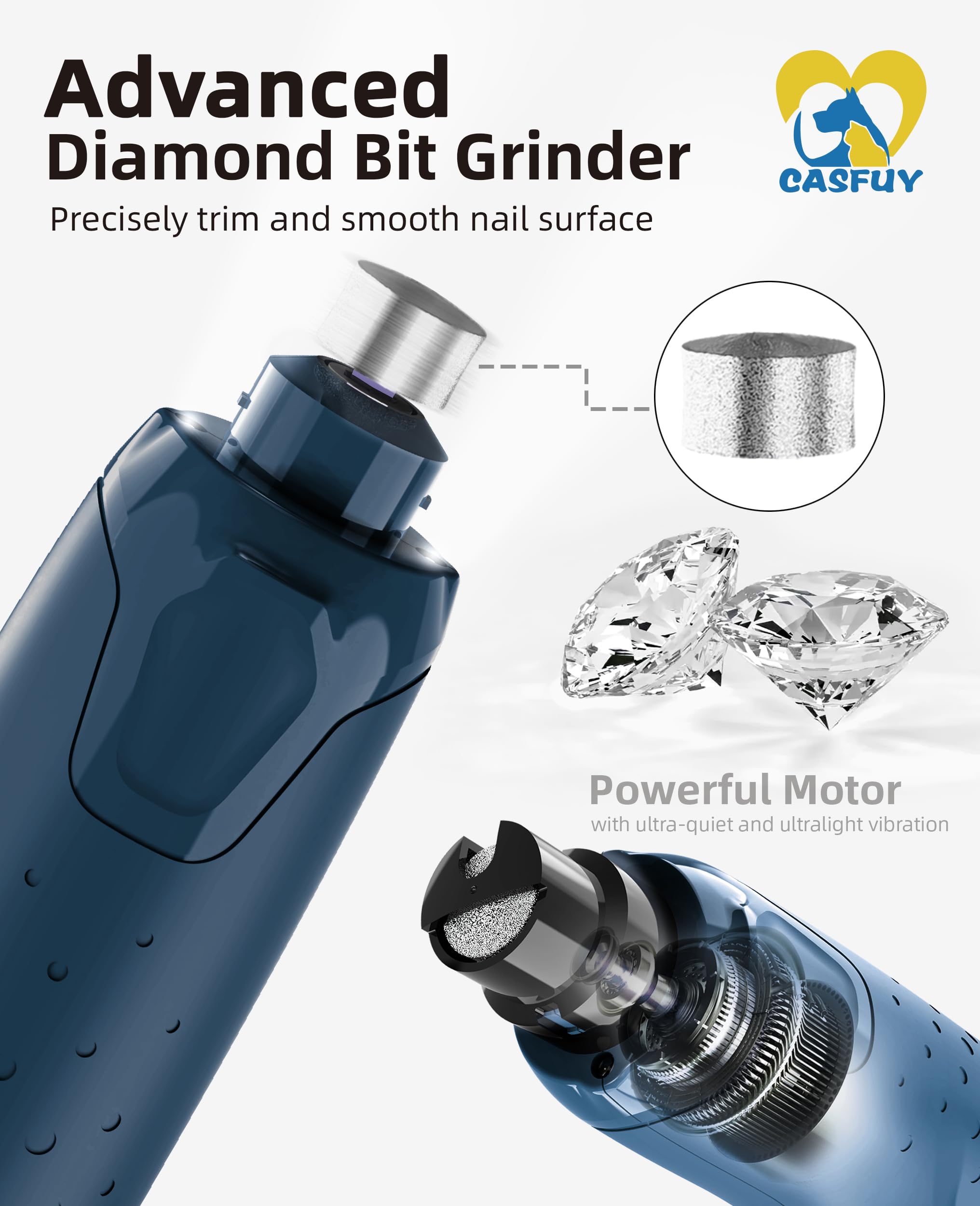 Casfuy Dog Nail Grinder Quiet - (45Db) 6-Speed Pet Nail Grinder With 2 Led Lights For Large Medium Small Puppy Dogs/Cats, Professional 3 Ports Rechargeable Electric Dog Nail Trimmer With Dust Cap