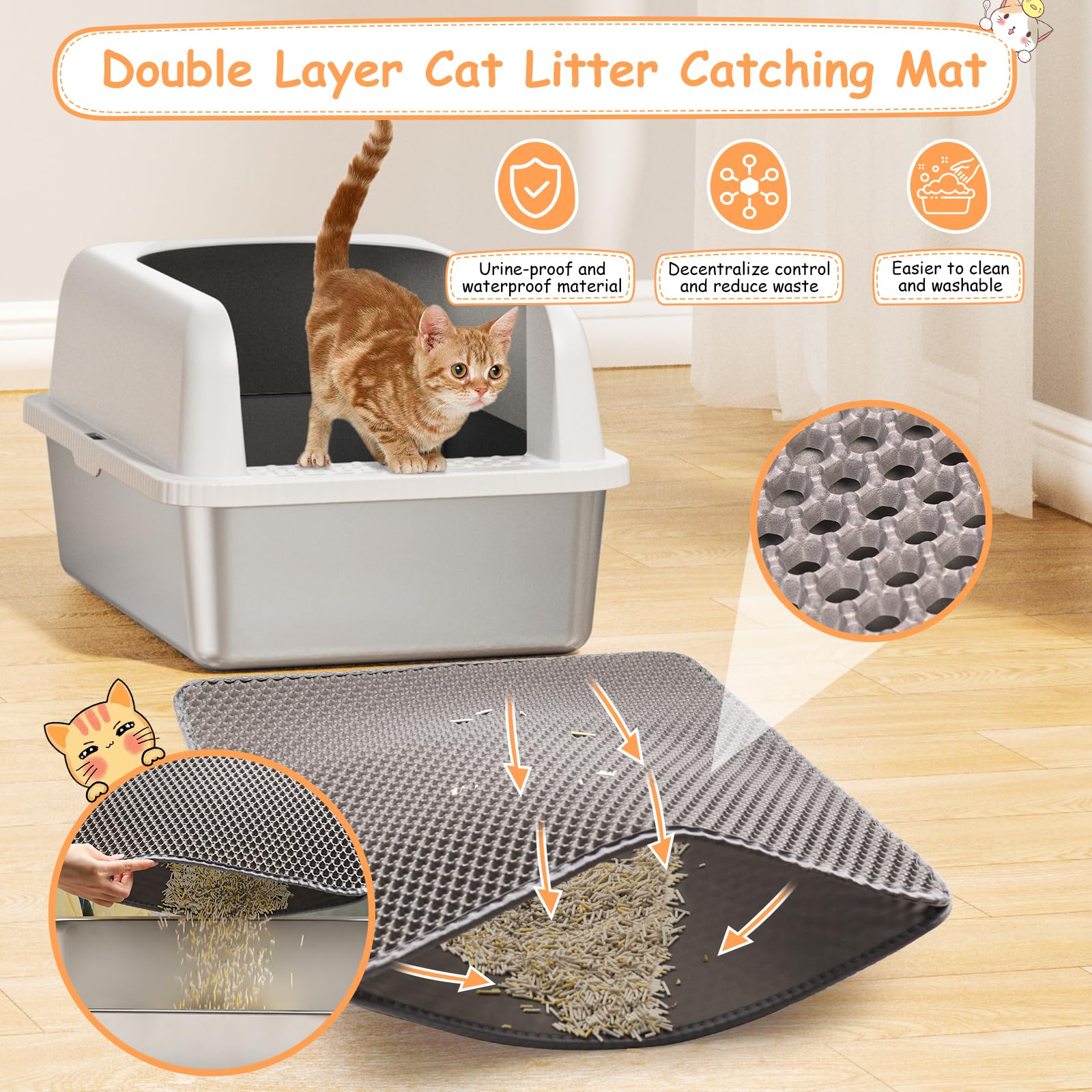 Refrze Stainless Steel Large Cat Litter Box with High Sides & Lid, Anti-Leakage, Non-Stick, Easy to Clean, Includes Litter Mat & Scoop