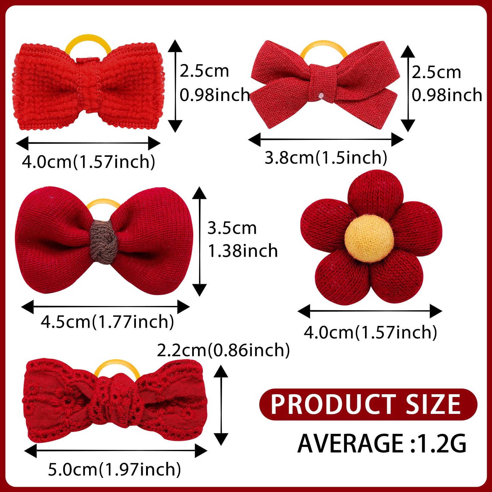 Mruq Pet 20Pc Red Small Dog Hair Bows With Rubber Bands, Bulk Puppy Dog Hair Bows, Mix Handmade Cute Dog Gooming Flower Ball Bow