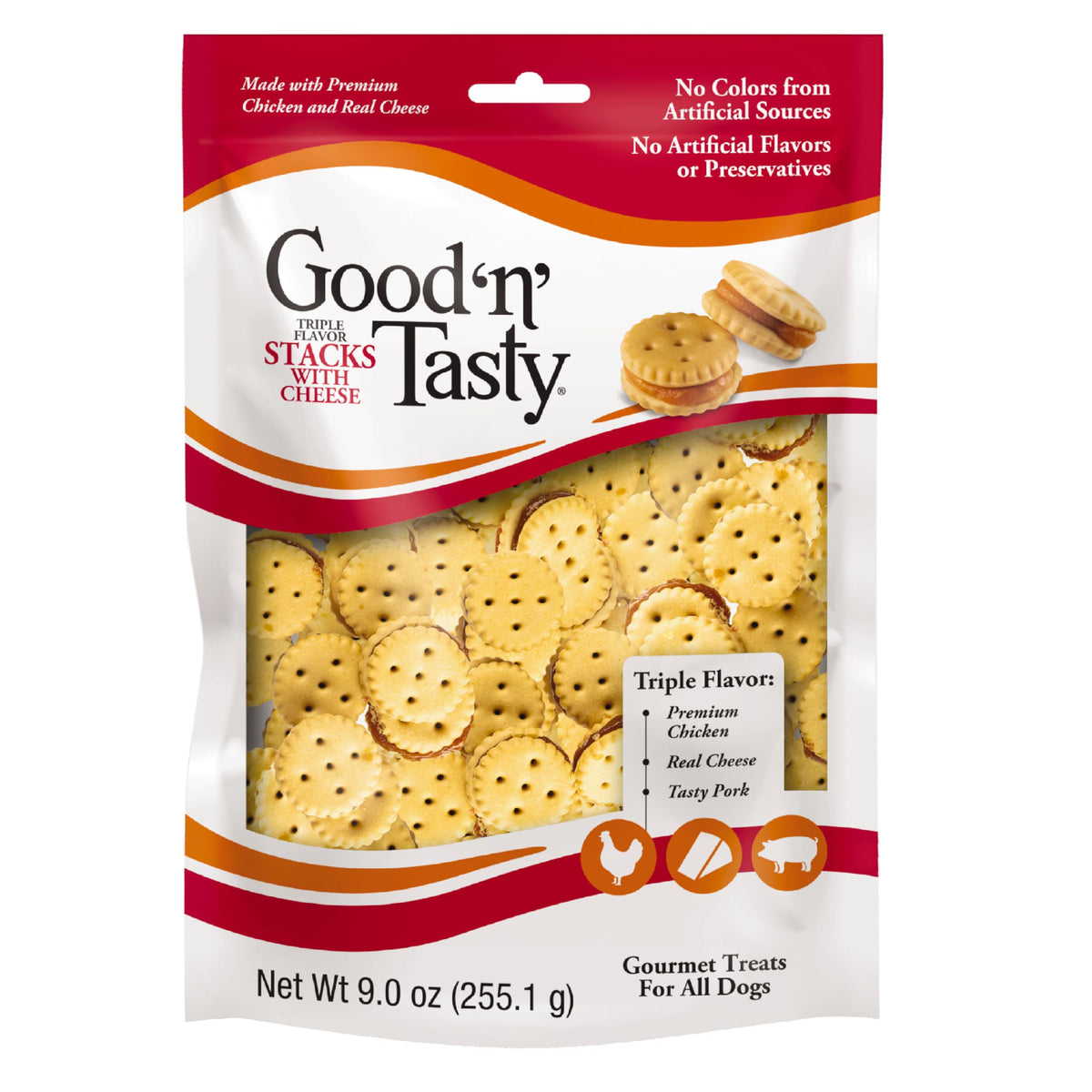 Good 'N' Tasty Triple Flavor Stacks With Cheese, 9 Ounces, Bite Sized Snacks For Dogs With Premium Chicken And Real Cheese