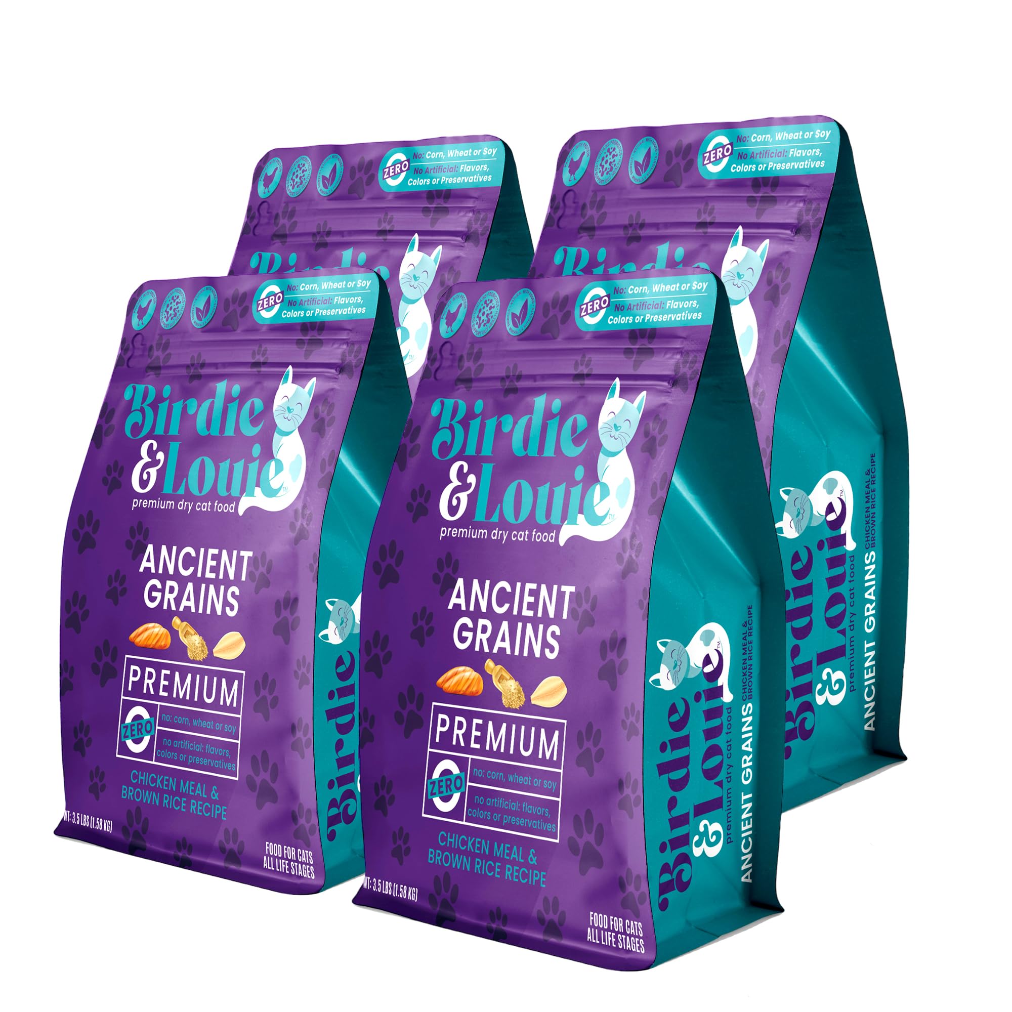 Birdie and Louie Dry Cat Food Chicken Meal & Brown Rice Recipe 3.5 Lb Easy Seal Bag (4 Bags)