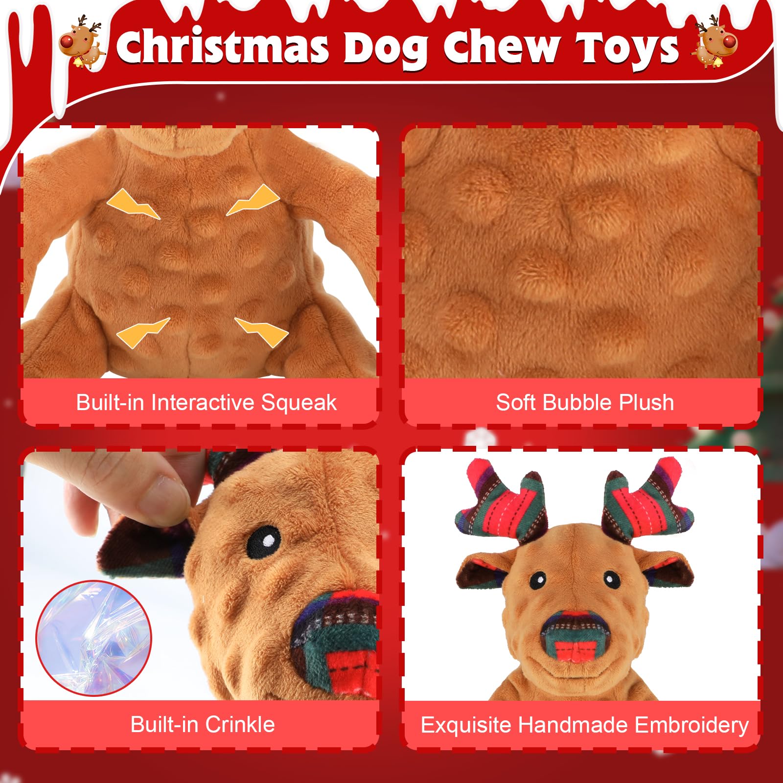 Yuepet Christmas Squeaky Dog Chew Toys, Reindeer Plush Dog Toys For Cleaning Teeth, Durable Stuffed Dog Toys With Crinkle Paper