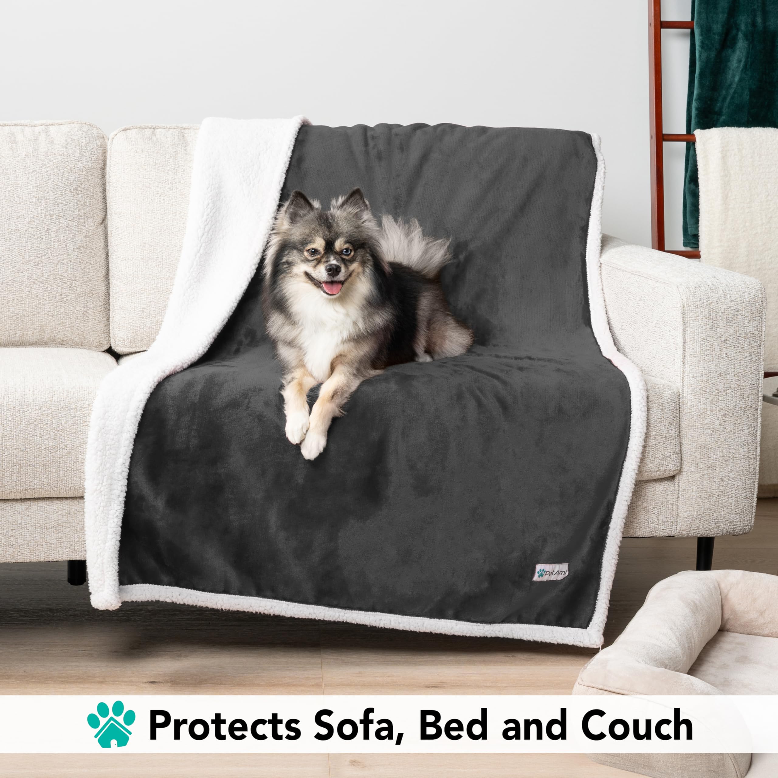 Petami Dog Blanket For Bed, Xl Pet Blanket Large Dogs, Fleece Furniture Couch Cover Protector Sofa Car Crate Kennel, Soft Sherpa Cat Throw Plush Reversible Washable, Twin 60X80 Dark Gray