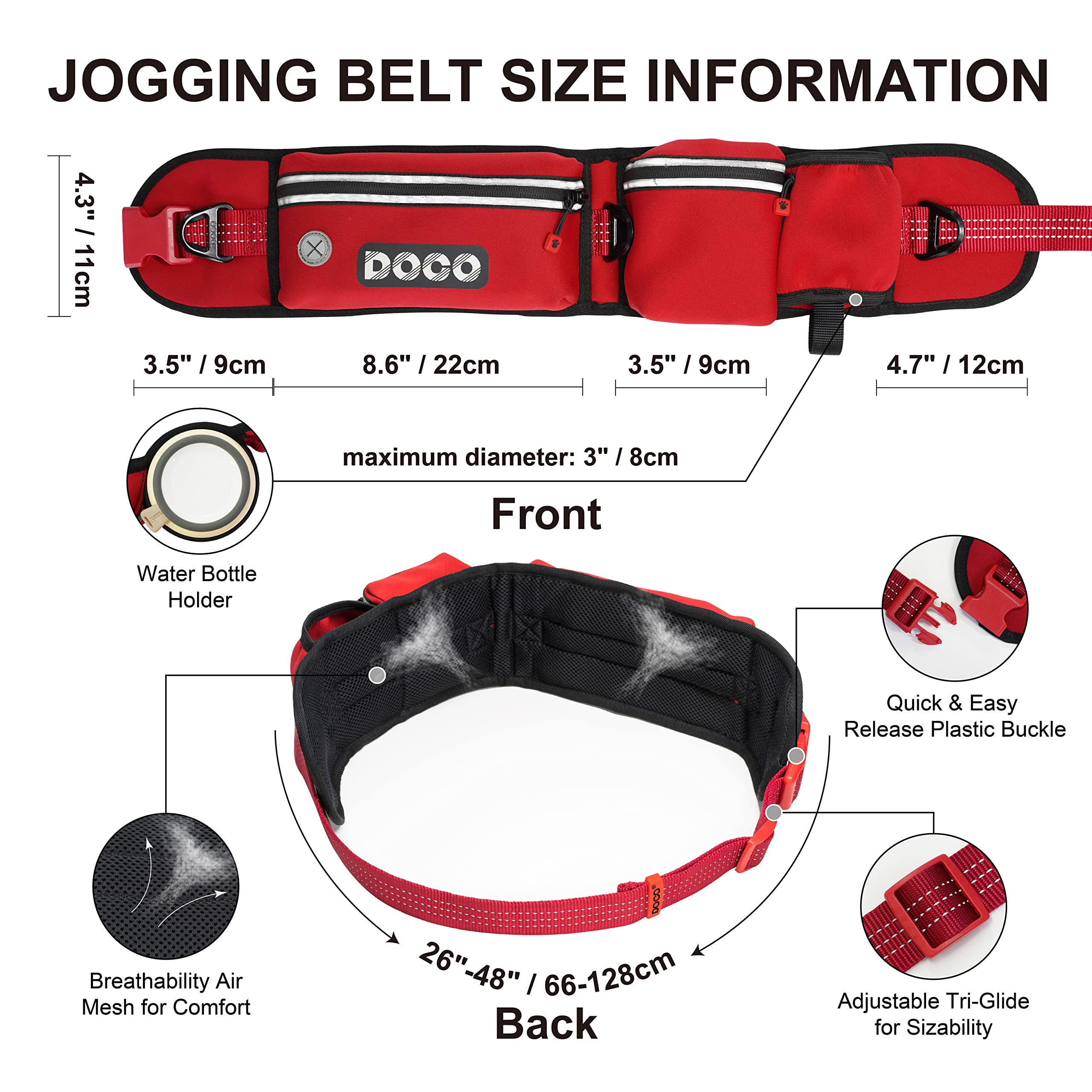 Doco Heavy Duty Hands Free Dog Leash, Retractable Bungee For Running Walking Jogging, Training, Hiking ?Adjustable Waist Belt, Reflective Stitches, Dual Handle (Medium-Large Dogs, 20-100 Lbs)