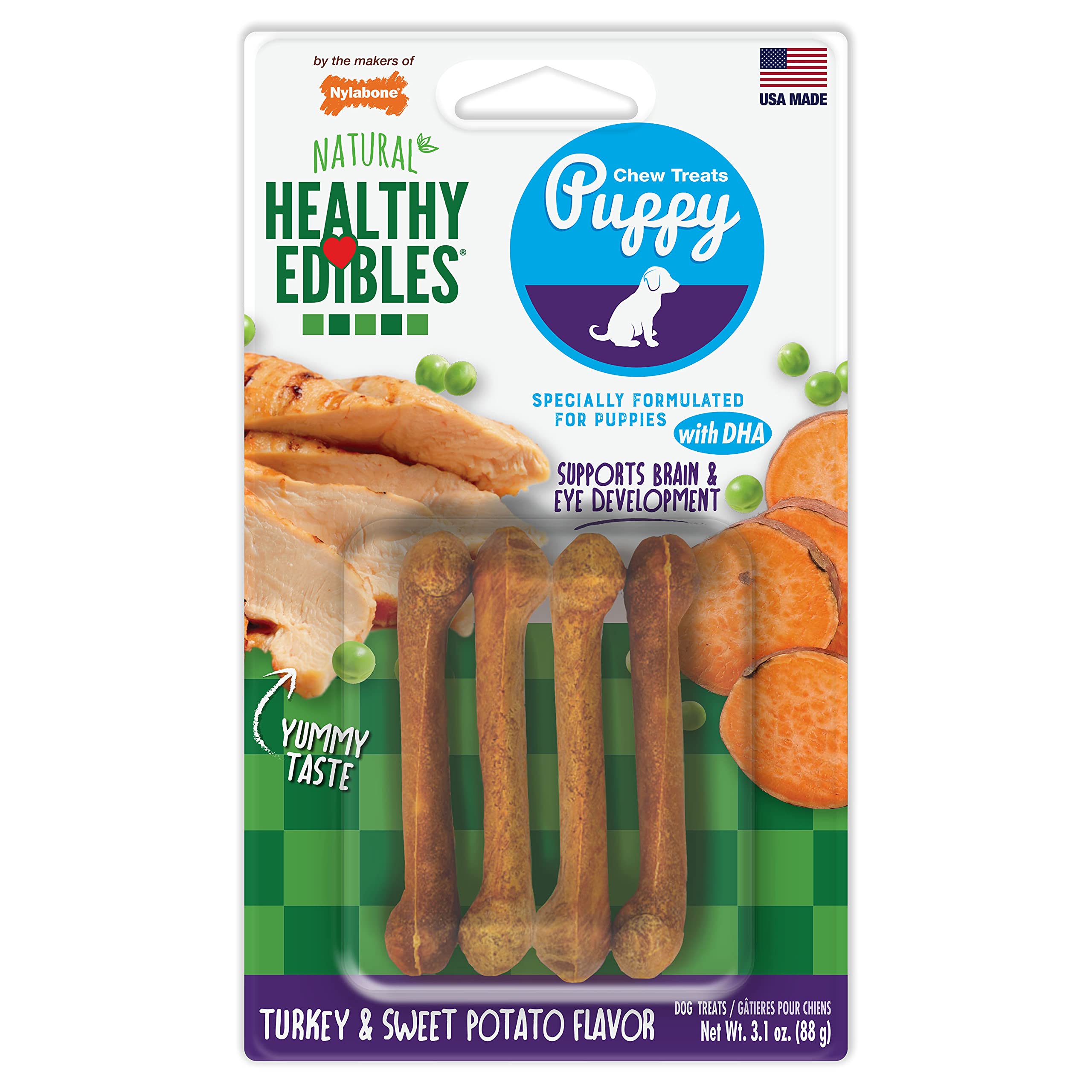 Nylabone Healthy Edibles Natural Puppy Chews Long Lasting Treats for Puppies, Turkey & Sweet Potato Flavor, X-Small/Petite (4 Co