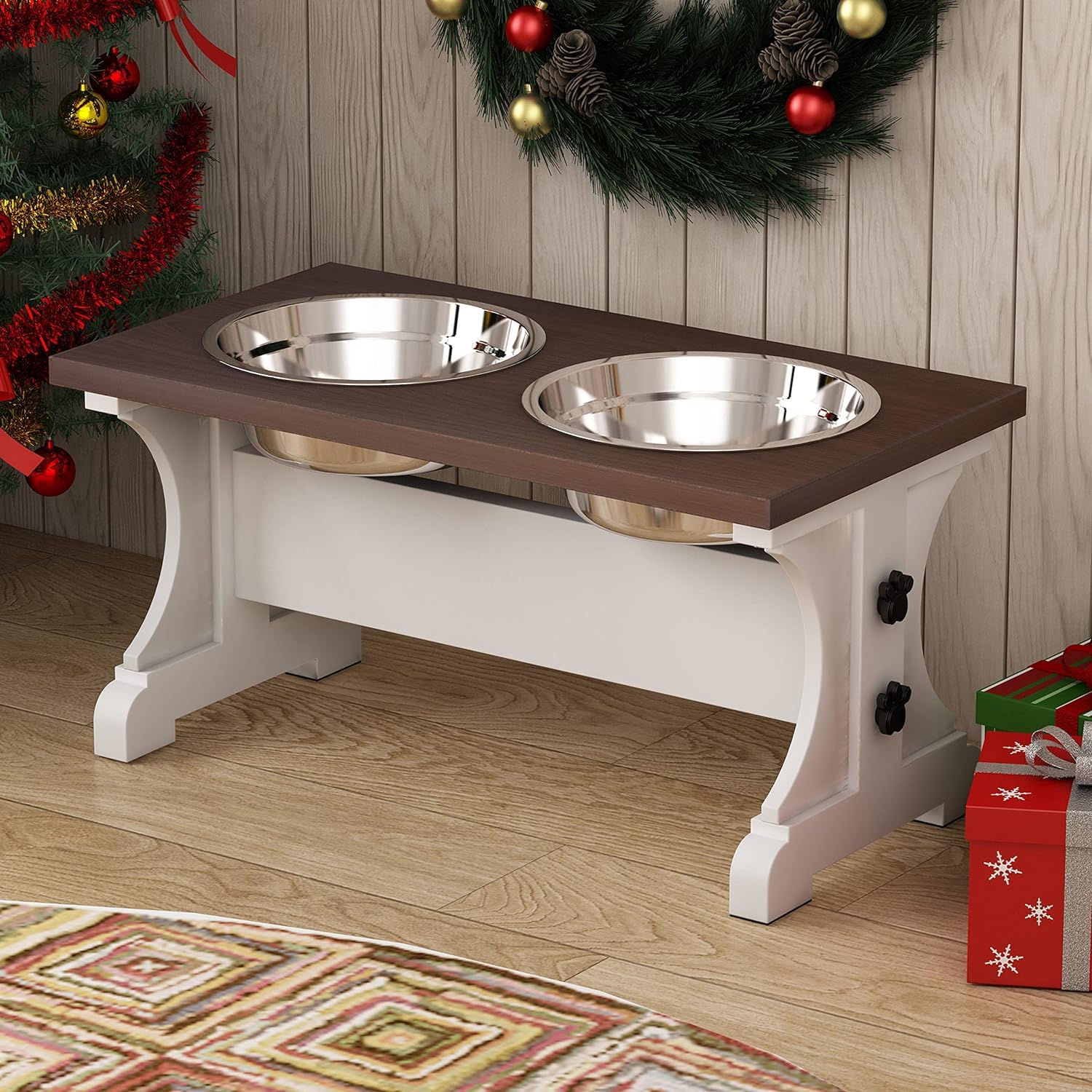 Piskyet Elevated Dog Bowls,Farmhouse Dog Bowls Stand, Raised Dog Bowl With 2 Stainless Steel Wooden Dog Bowl,3.5Cups8.5''H_30 Oz