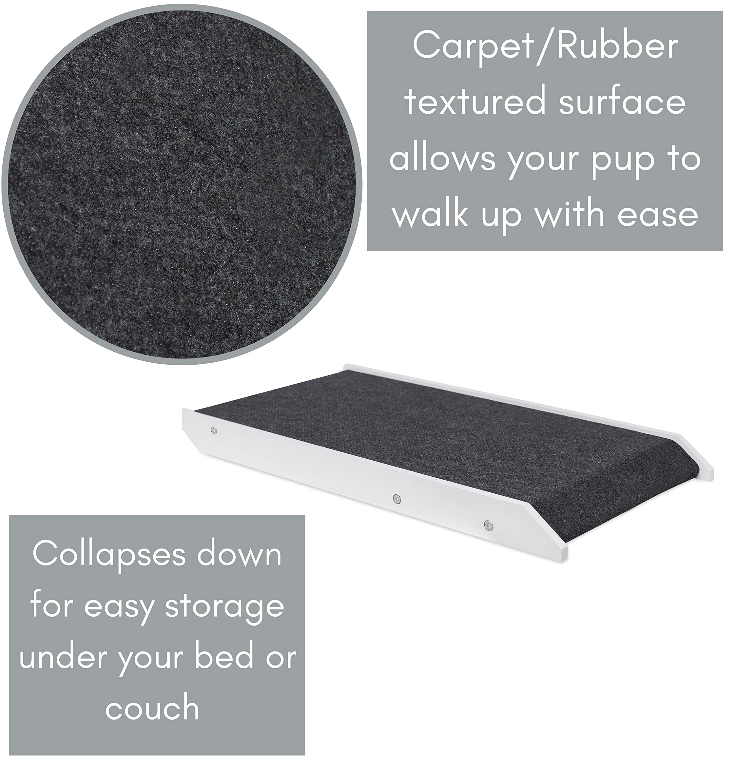 Birdrock Home Adjustable Dog Ramp For Low Beds Or Couches - Small Dogs Or Cats Only - Decorative Wooden Folding Doggie Ramps - Paw Friendly Grip Carpet - White 13'