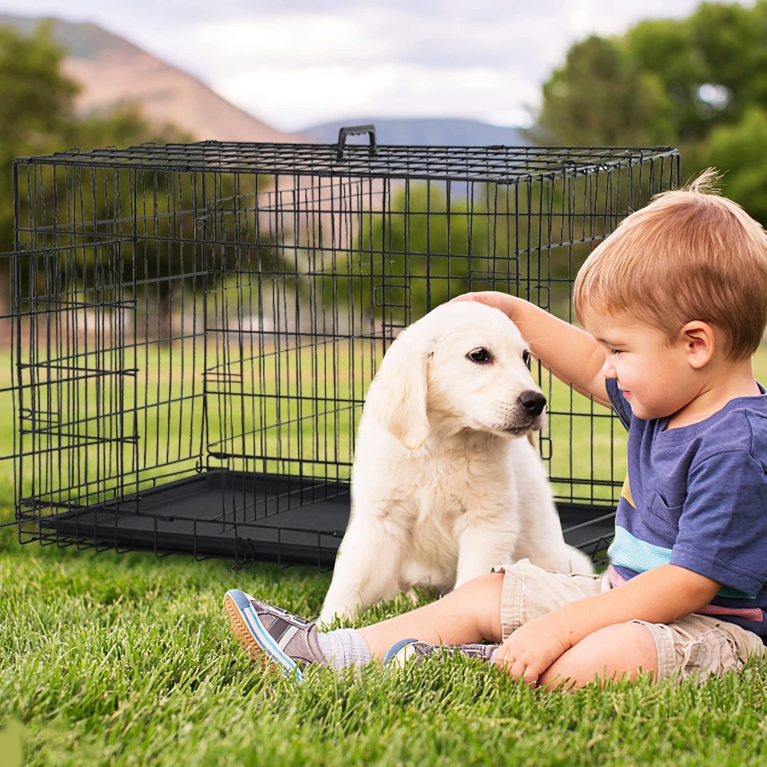 24 Inch Dog Crate Dog Cage for Large Dogs Folding Mental Wire Dog Kennel Outdoor and Indoor with Double-Door Divider Panel Remov