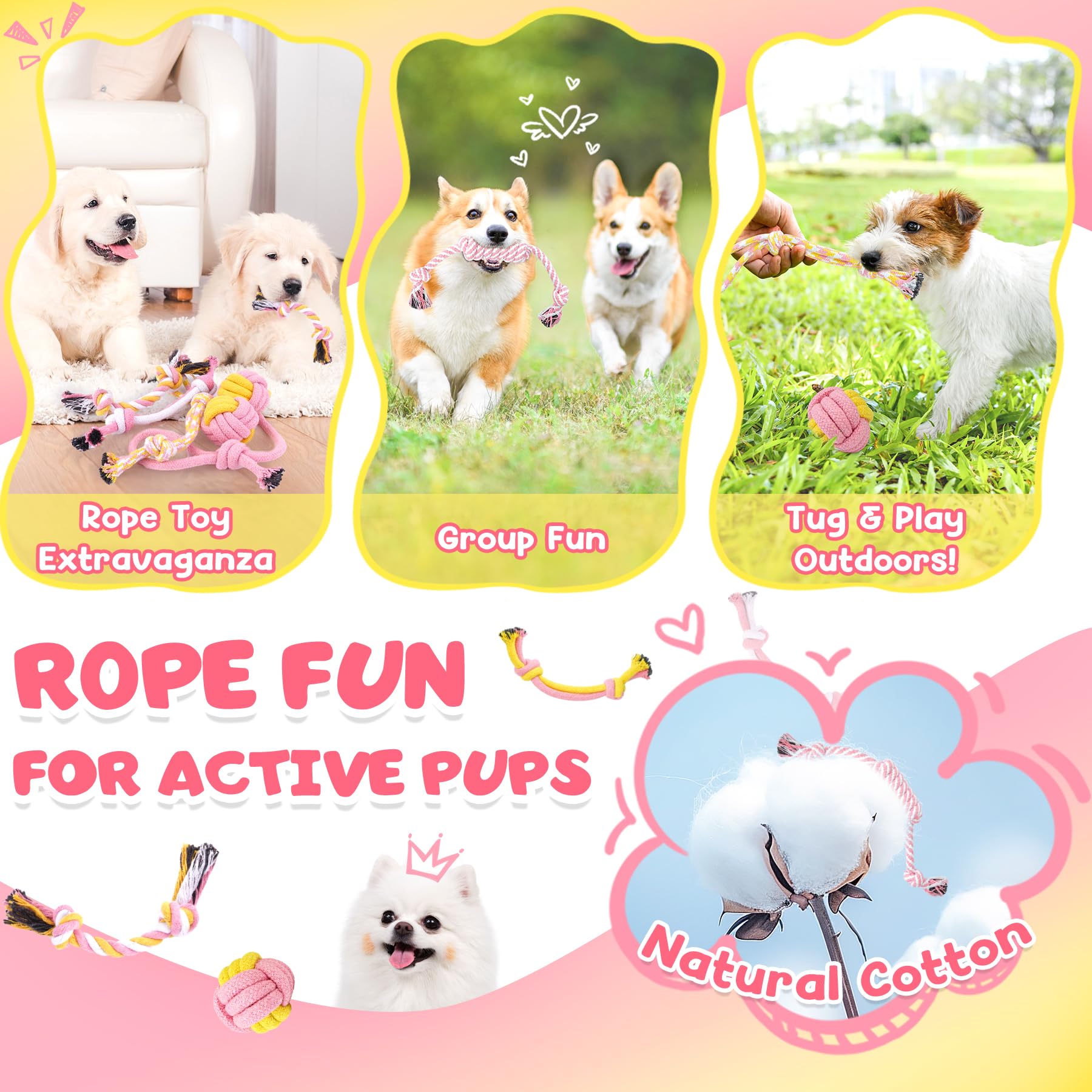 KIPRITII 25-Pack Pink Dreamy Dog Toy Set for Small Female Puppies - Includes Sweet Rope Toys, Chew Toys, Cute No-Stuffing Squeak