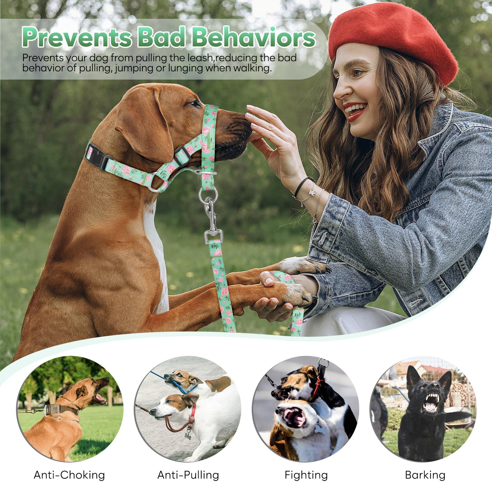 Ezierfy Dog Head Collar, Printed No-Pull Headcollar, Adjustable Dog Head Halter Gentle Lead With Safety Link, 3 Colors Muzzle Le