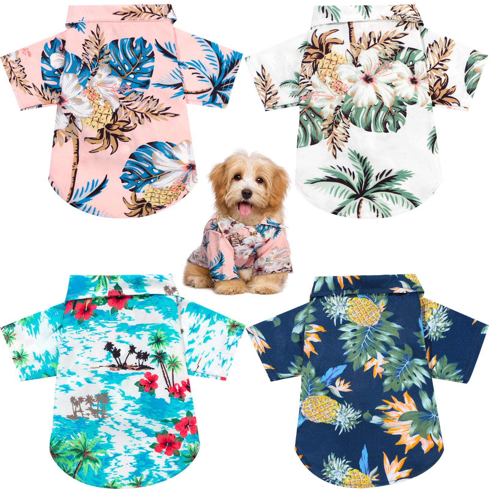 Weewooday 4 Pieces Pet Summer T-Shirts Hawaii Style Floral Pet Dog Shirt Breathable Cool Clothes Beach Seaside Puppy Sweatshirt For Small Puppy(Floral Style,Medium)