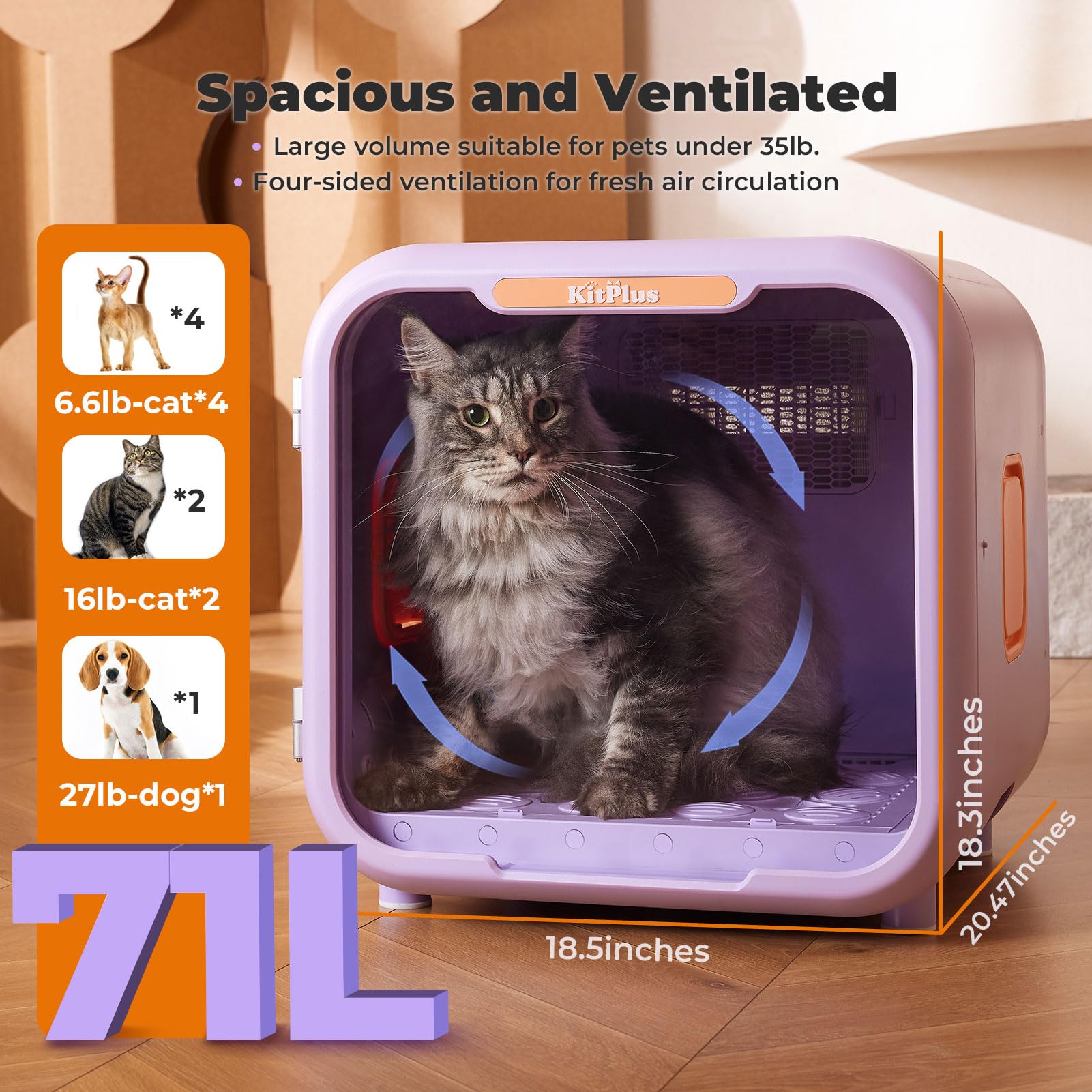 KITPLUS Pet Dryer Box for Dogs and Cats, 71L Large Capacity Ultra-Quiet Dog Hair Dryer Box with Smart Lock, Adjustable Temperatu