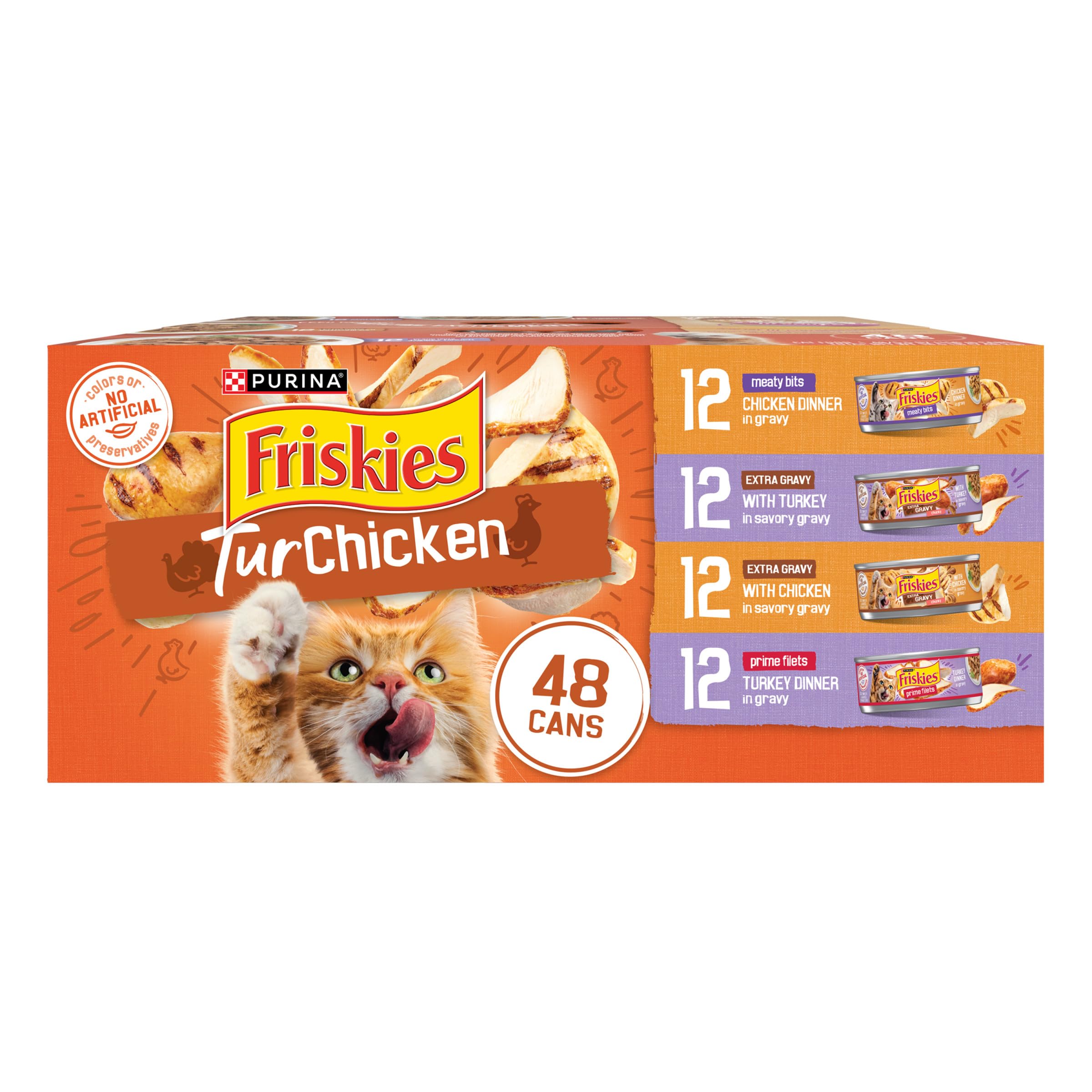 Purina Friskies Wet Cat Food Gravy Variety Pack, TurChicken Extra Gravy Chunky, Meaty Bits and Prime Filets - 48 ct. Can