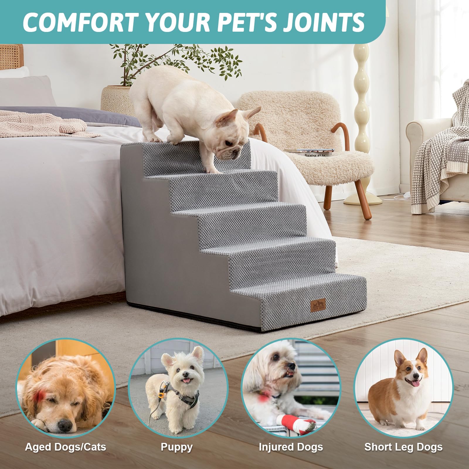 Cozy Kiss Dog Stairs For Small Dogs, 5 Tier Wider Pet Stairs For High Beds, 23.6'' H Non-Slip Dog Steps For Old Cats, Puppies, S