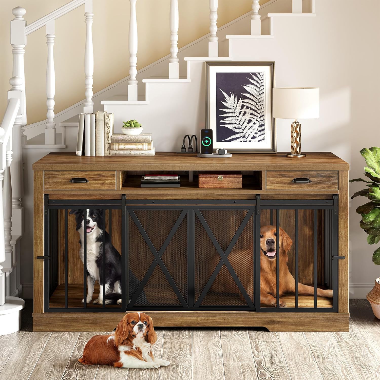 YITAHOME 63 Inch Double Dog Crate TV Stand with Charging Station, Heavy Duty Wooden Cage Furniture for 2 Dogs, Dog Kennel Indoor