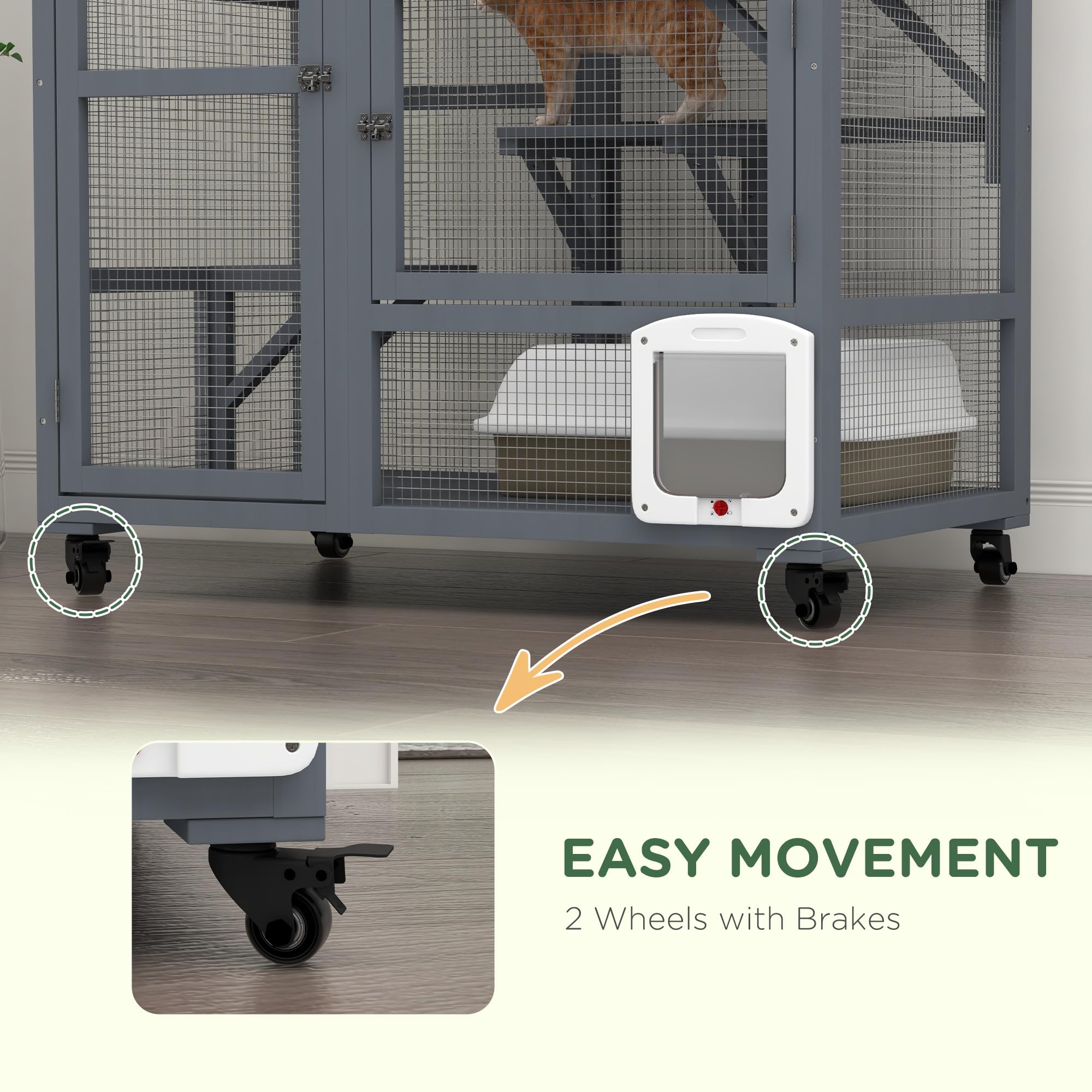 Pawhut Indoor Wooden Catio, Cat House Cat Enclosure On Wheels With 3 Platforms, Hammock, Cat Flap Door & Openable Top, Luxury Ki