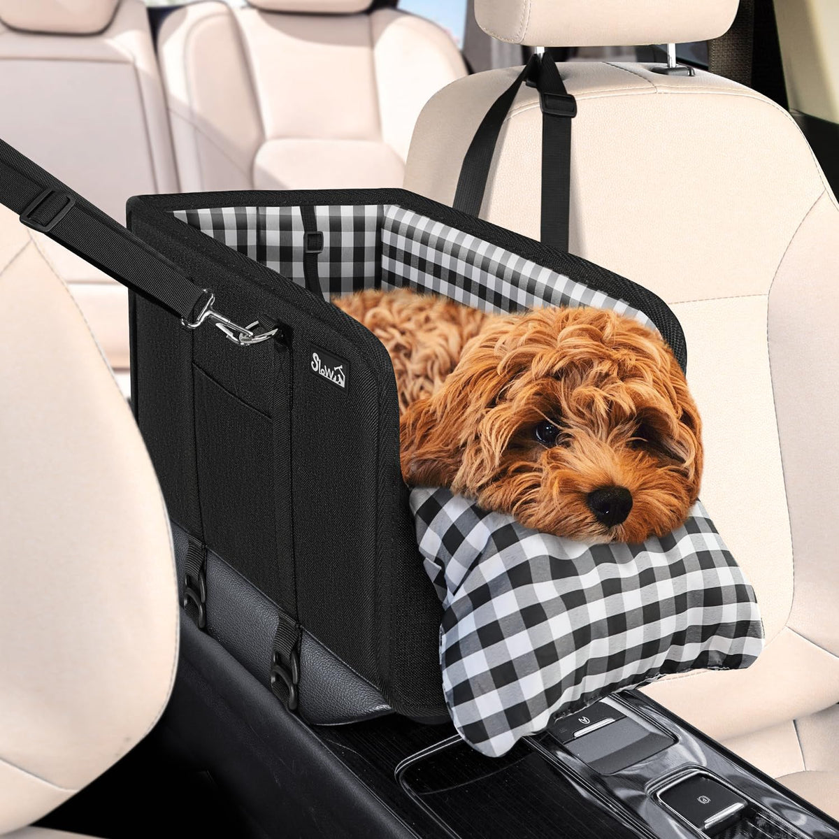 Slowton Console Dog Car Seat - Portable Dogs Armrest Booster Seat For Small Dog, Anti-Collapse Pet Car Seat With Soft Cushion Safety Belt, Support Pet Up To 11Lbs (Black)