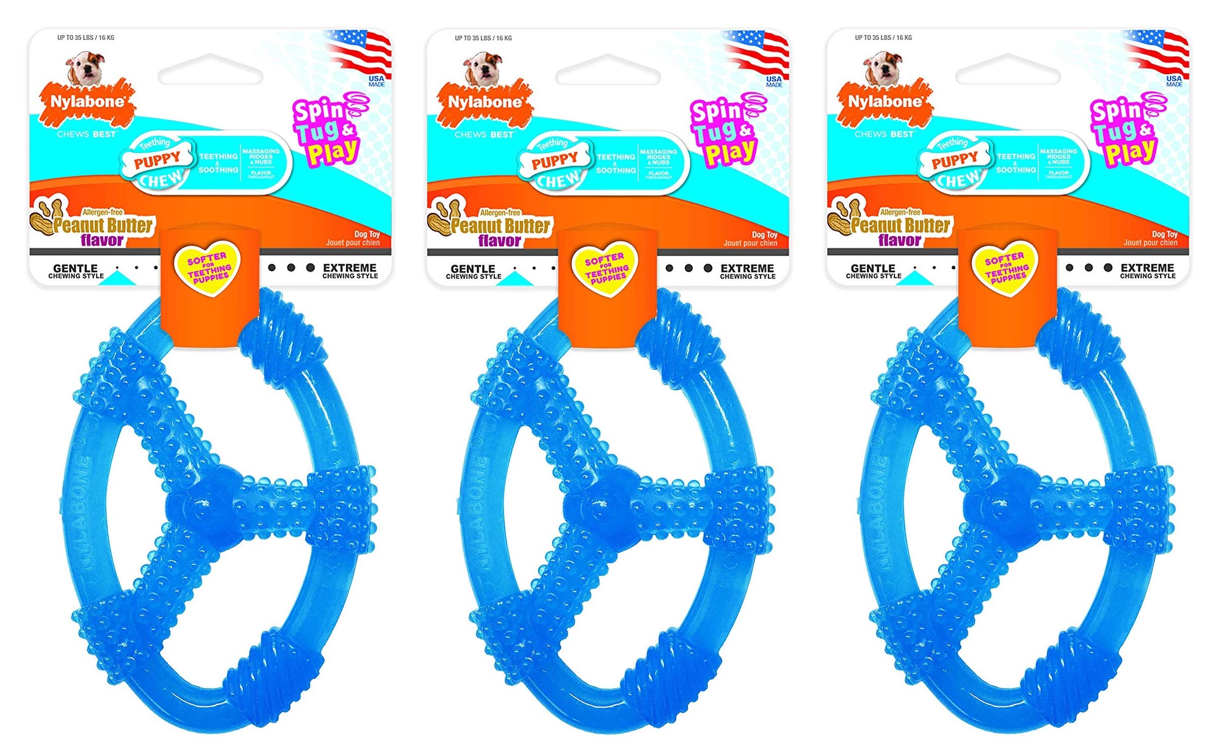 Nylabone 3 Pack of Spin Tug & Play Puppy Chew Toys, Large, Allergen-Free Peanut Butter Flavor