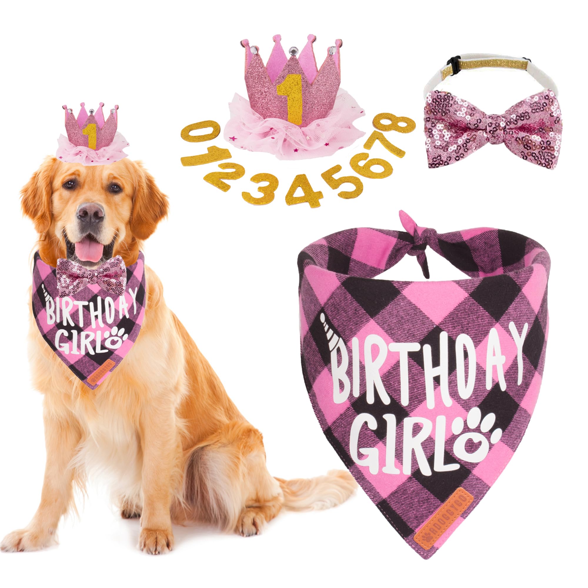 Adoggygo Dog Birthday Party Supplies, Multi Size Offered, Birthday Girl Dog Bandana, Pink Party Hat Crown With Numbers For Extra