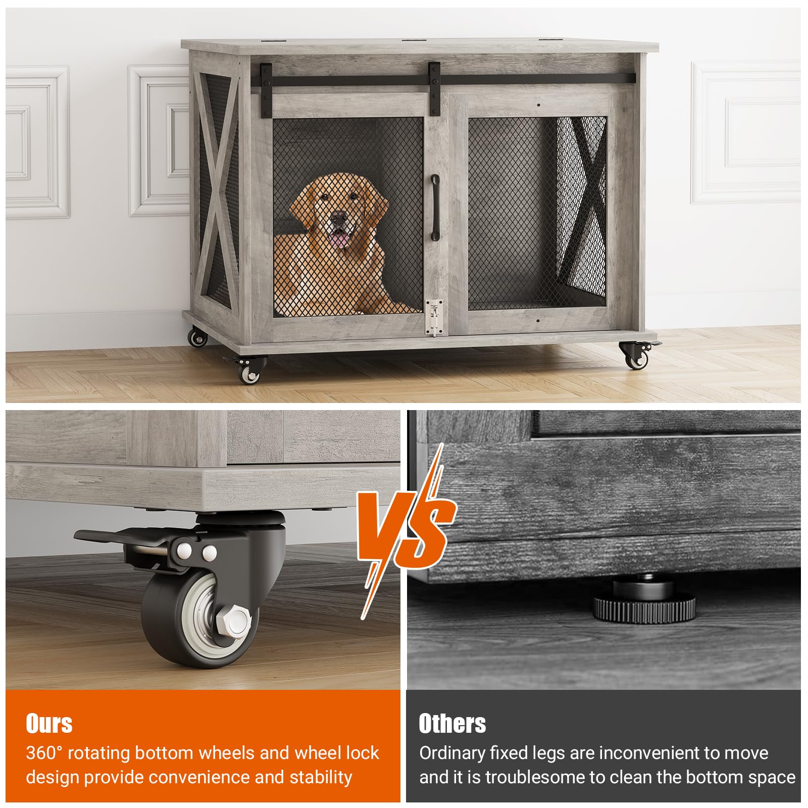 Idealhouse 37'Dog Cage, Farmhouse Dog Crate Furniture With Sliding Barn Door, Flip Top Wooden Dog Kennel End Table With Wheels