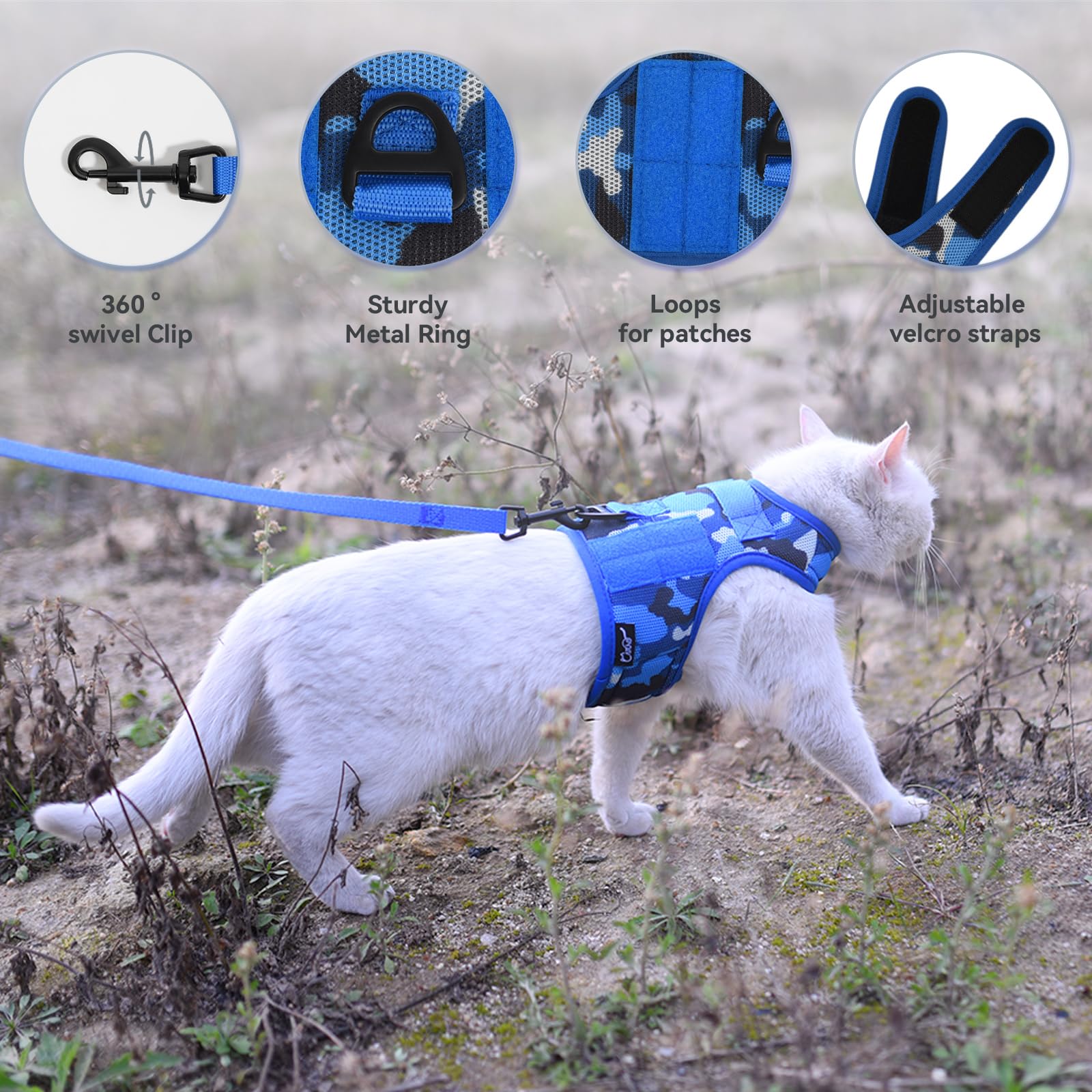Tactical Kitty Harness and Leash for Walking Escape Proof Breathable Mesh Fabric, Ocean Camo, X-Small, Adjustable Cat Walking Ja