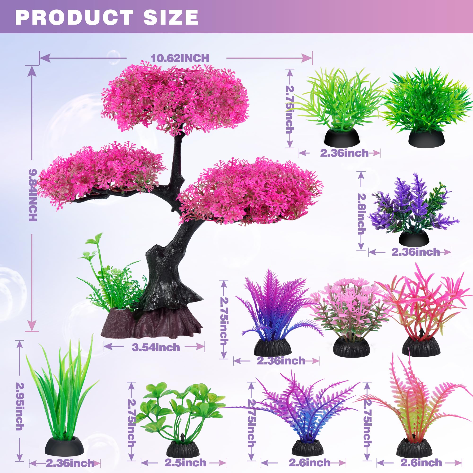 Ameliade Aquarium Artificial Plastic Plants Decoration, Pink Cherry Blossom Tree & Grass Aquarium Decor Set, Goldfish Betta Fish Tank Decorations Hides Accessories(Pink