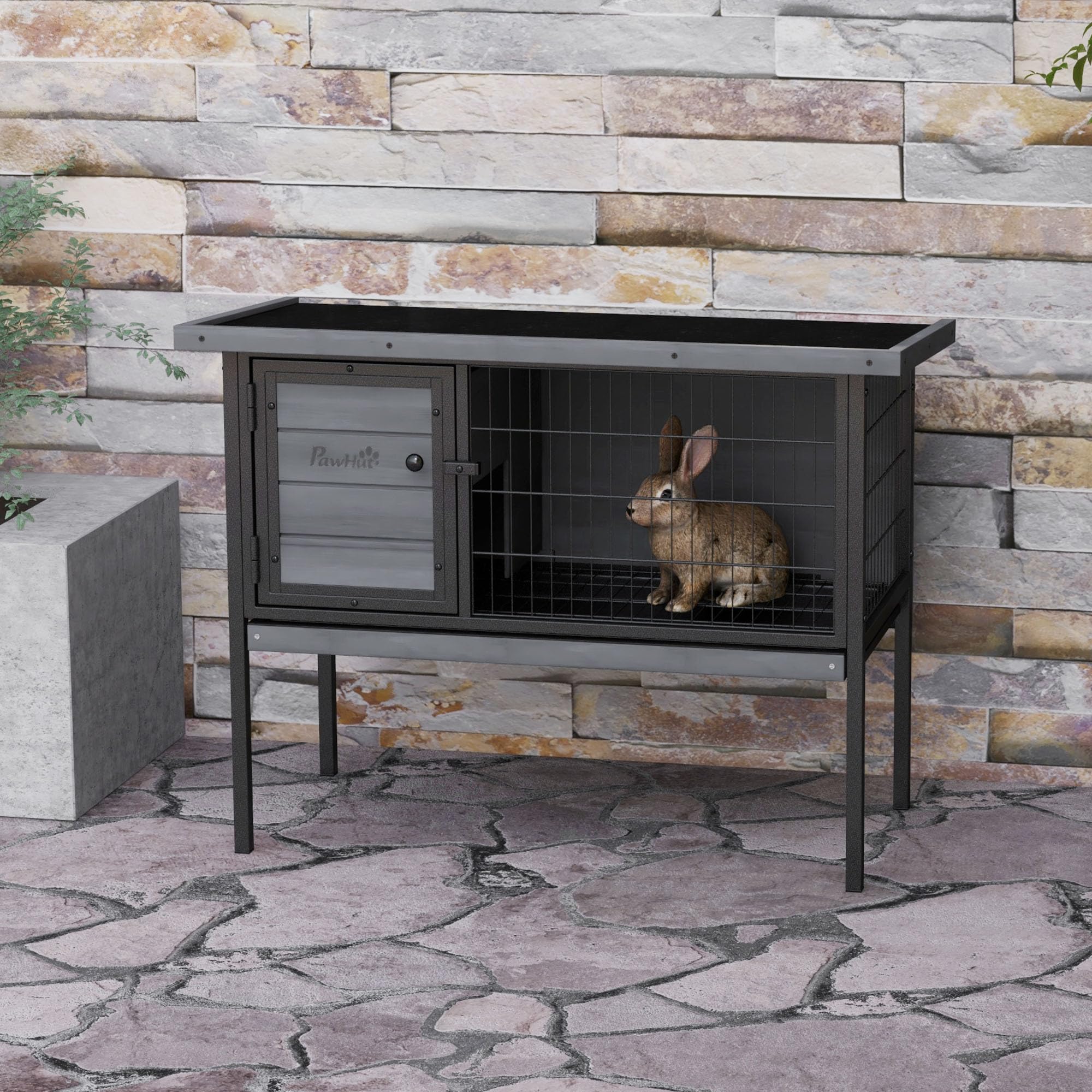 Pawhut Rabbit Hutch Elevated Bunny Cage Small Animal Habitat With Metal Frame, No Leak Tray, Metal Wire Pan And Openable Water-R