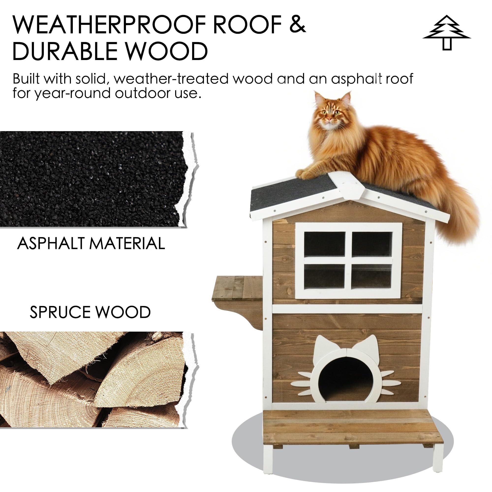 Cukitty Large Outdoor Cat House, 2-Level Weatherproof Spruce Wood, 32W x 22.75D x 36H inches, Gray