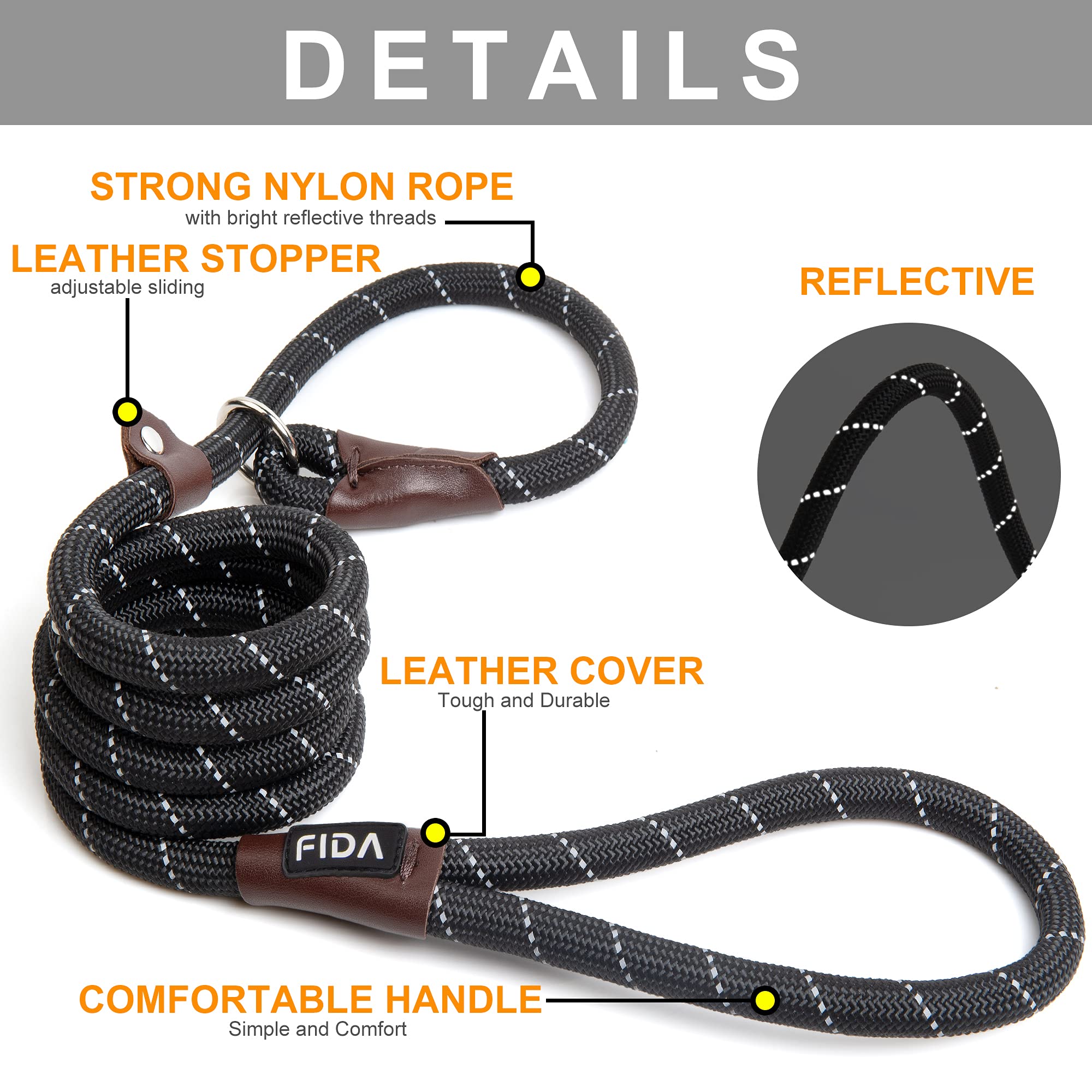 Fida Durable Slip Lead Dog Leash, 6 Ft X 1/2' Heavy Duty Comfortable Strong Rope Leash For Large, Medium Dogs, No Pull Pet Training Leash With Highly Reflective, Black