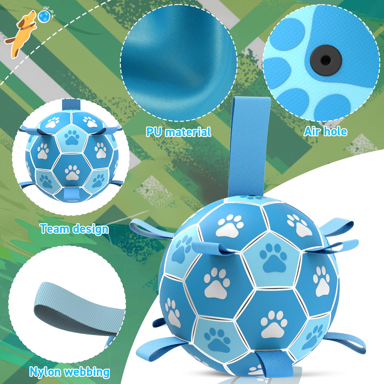 QDAN Dog Toy Ball - Premium 6-Inch Soccer Ball for Medium Large Dogs, White-Blue, Durable Polyurethane, Perfect for Outdoor Play and Training