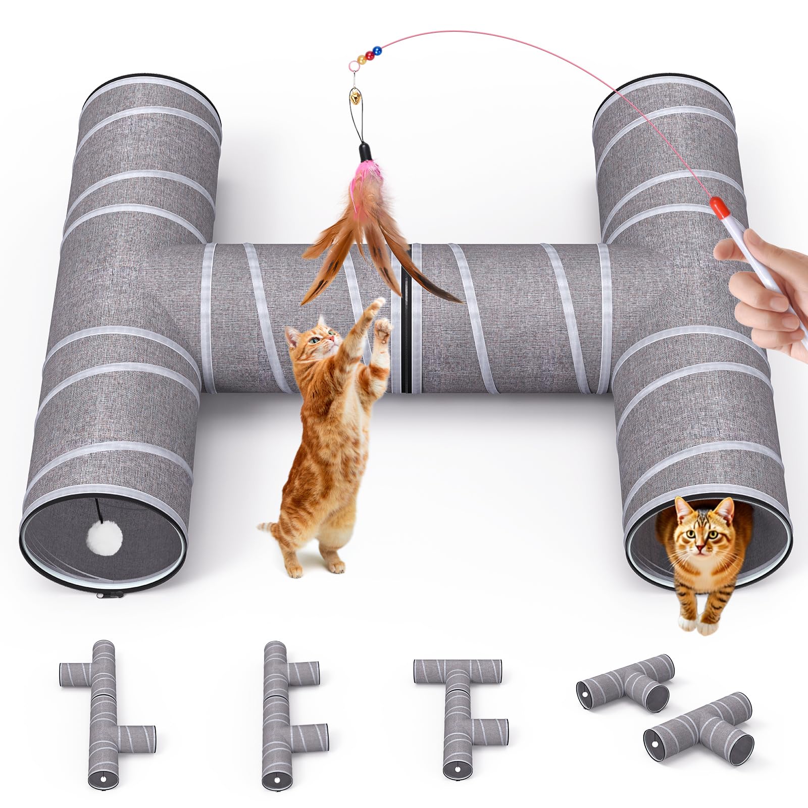Petocat Cat Tunnel 4 Way With Teaser Wand & 2 Plush Ball, 5 Shapes Available, 54/80.7'' L, H-Shaped Collapsible Pet Play Tube Ma