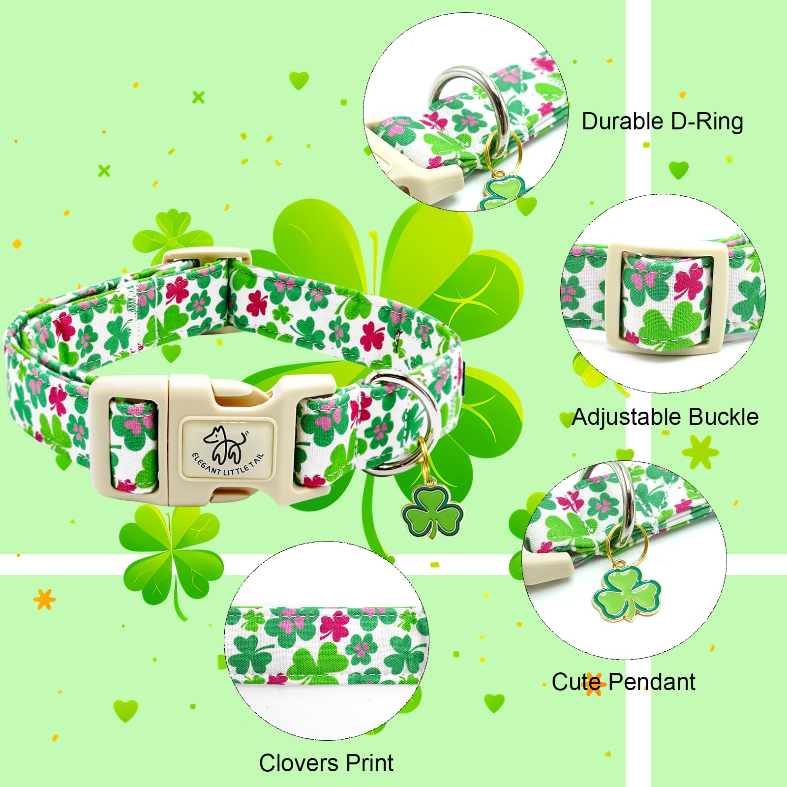 Elegant Little Tail St Patrick'S Dog Collar-Green Cute Colver Cotton Shamrock Pet Collar Trefoil Holiday Adjustable Cotton Pet C
