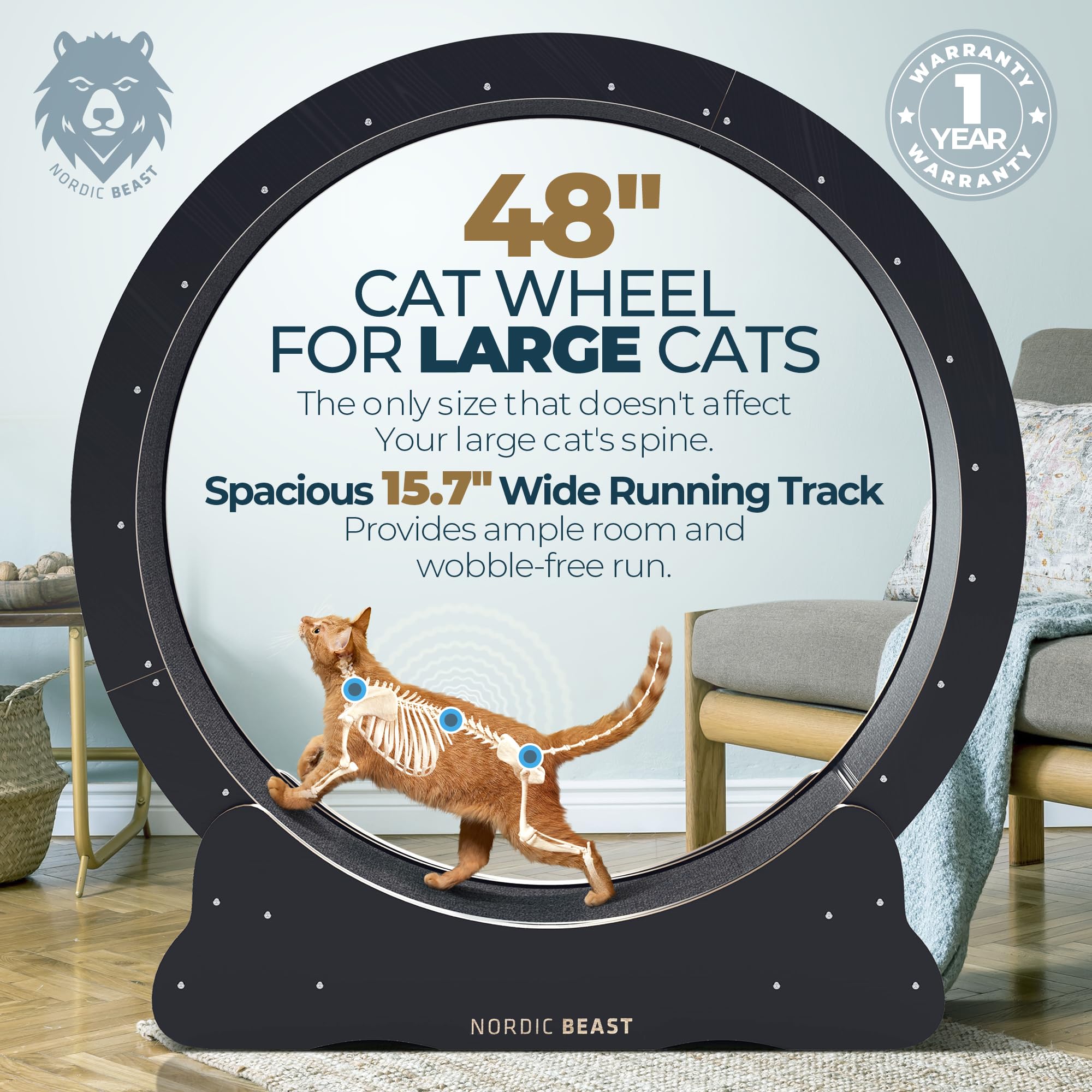 Nordic Beast 48'' Xl Cat Wheel - Cat Wheels For Indoor Cats Which Doesn'T Negatively Affect Your Cat'S Spine - 15.7'' Extra Wide