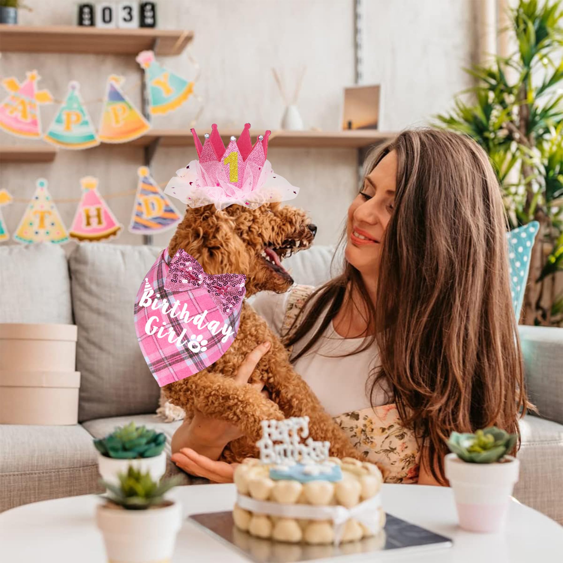 JOTFA Dog Birthday Party Supplies, Multi Sizes Dog Birthday Bandana Girl Dog Birthday Hat Crown with Birthday Numbers Bow Tie fo