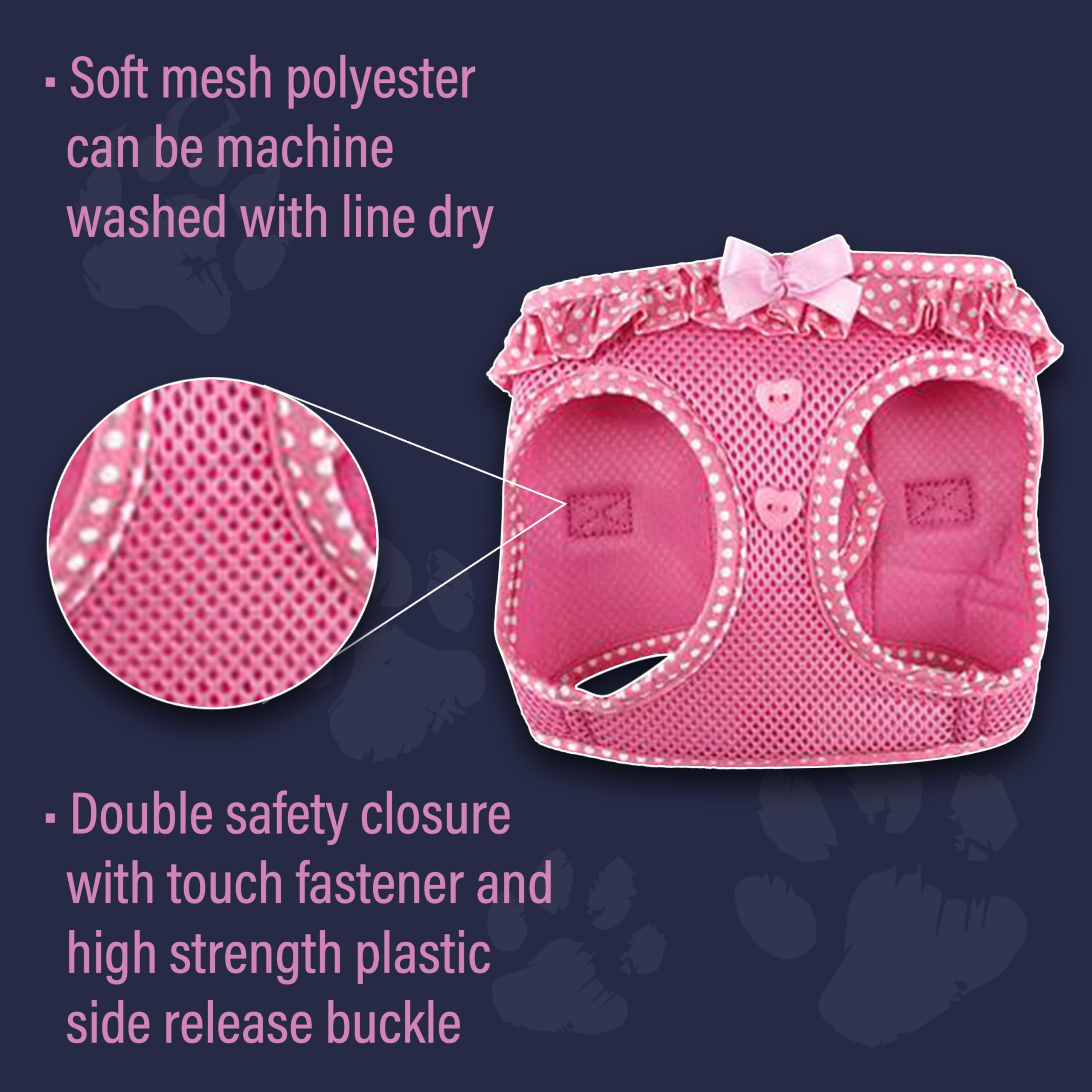 Doggie Design Dog Harness - No Choke Dog Harness, Dog Vest, Mesh Polyester, Pet Harness, Simple Step In And Go Design - Pink Polka Dot - S