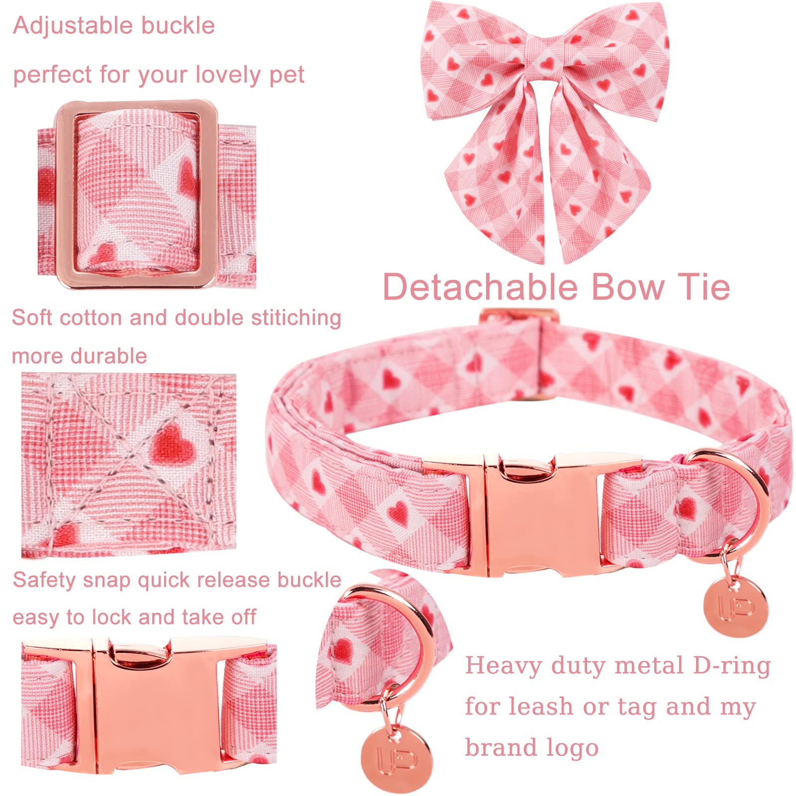 Up Urara Pup Valentine Dog Collar With Bow Tie, Valentine Bowtie Collar For Small Girl Boy Dog, Cotton Collar With Metal Buckle, Valentine’S Day Gift Pet Collar, S, Neck 10-16In, Pink Plaid