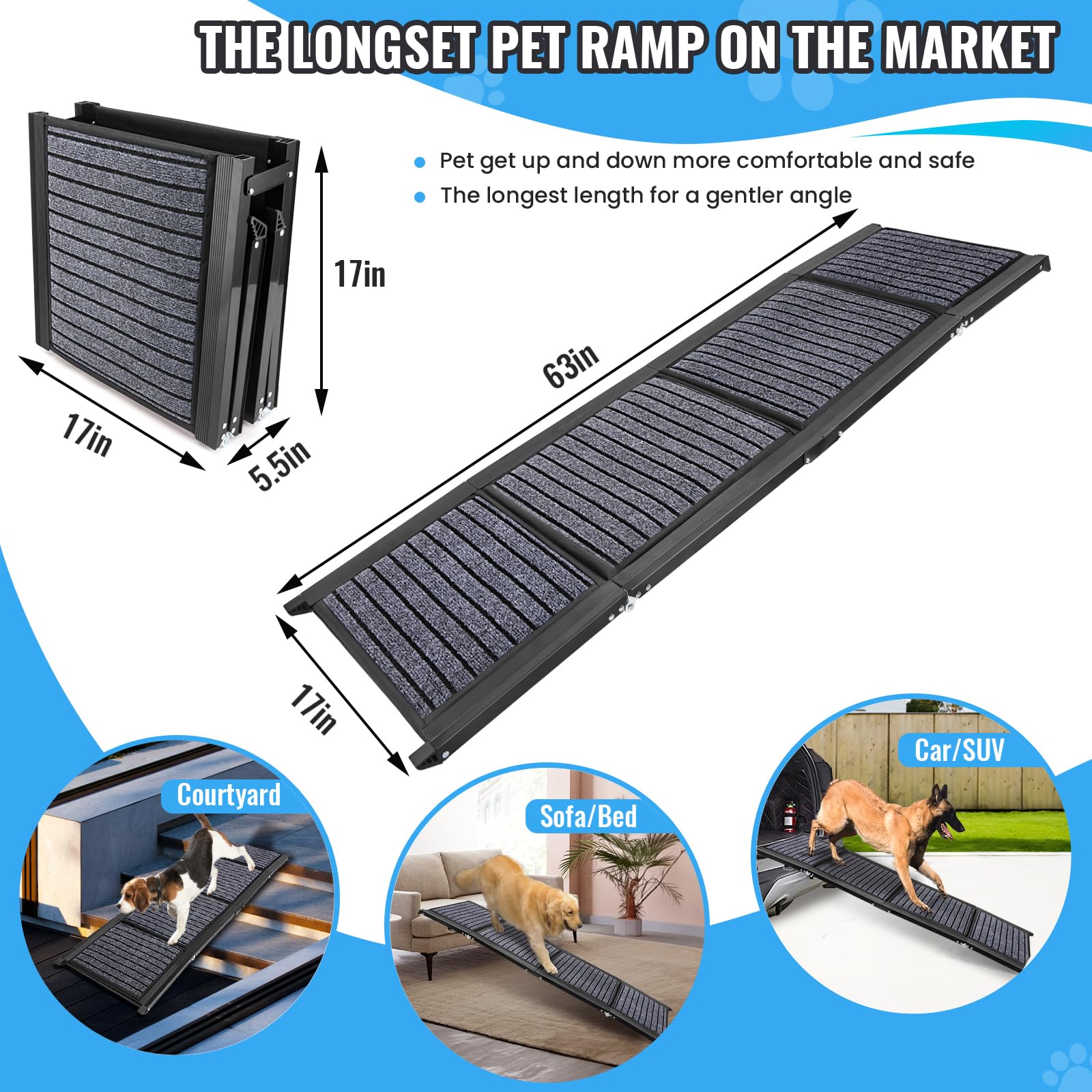 Dog Ramp For Car, Folding Dog Ramp, 63''X17'' Car Ramp For Dogs, Dog Ramps For Large Dogs Suv, Car Dog Ramp With Non-Slip Rug Su