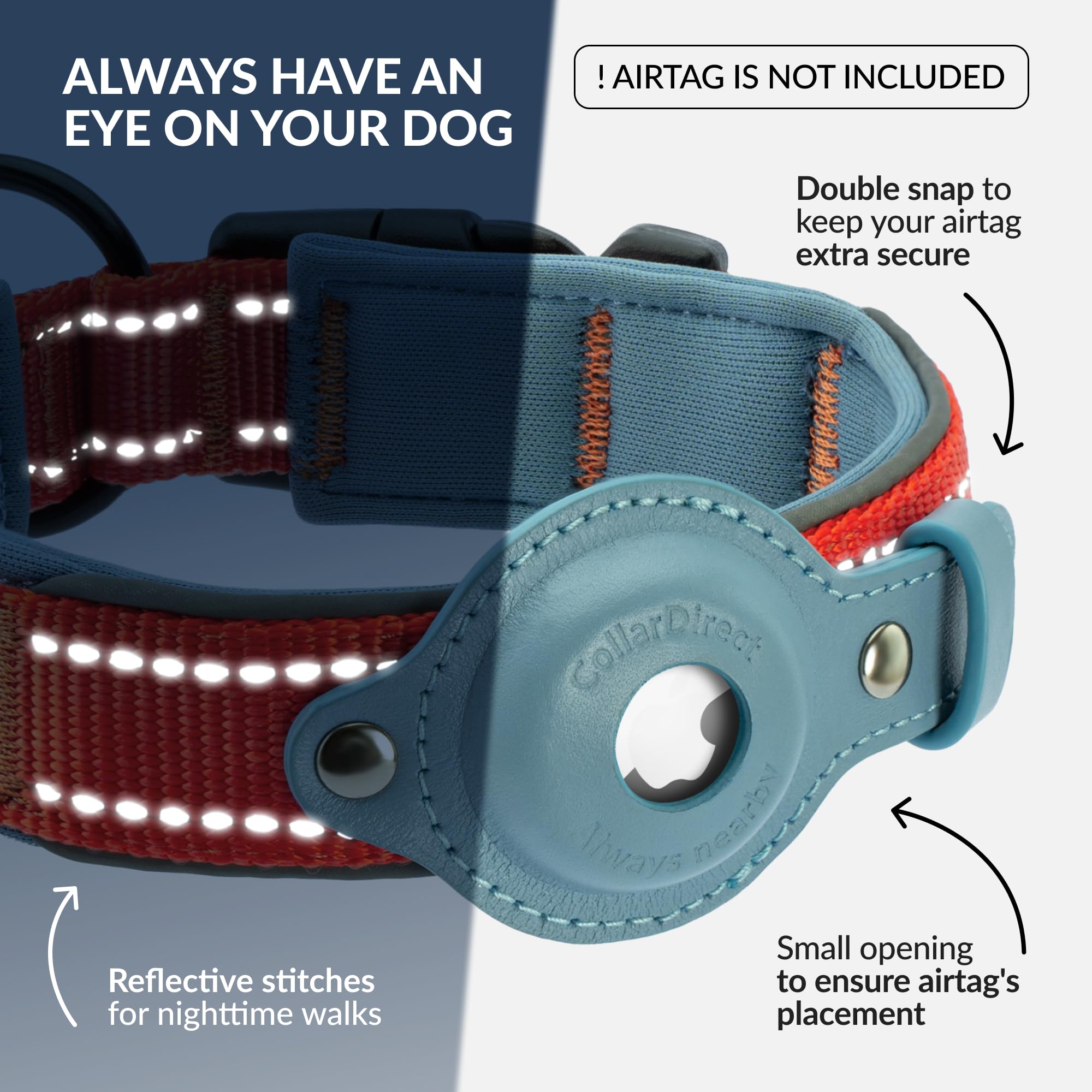 Collardirect Airtag Dog Collar Reflective Nylon Neoprene Leather Holder For Apple Air Tag For Large, Medium, And Small Dogs (Pin