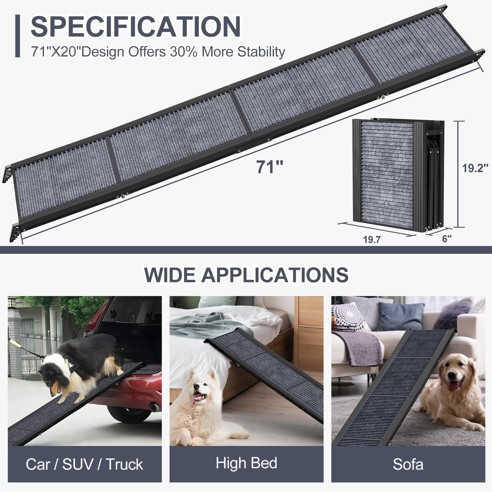 HerCcreta Dog Ramp - Upgraded Extra Wide Folding Ramp for Large Dogs, 71" x 20", Non-Slip Rug Surface, Black, Supports Up to 270 LBS