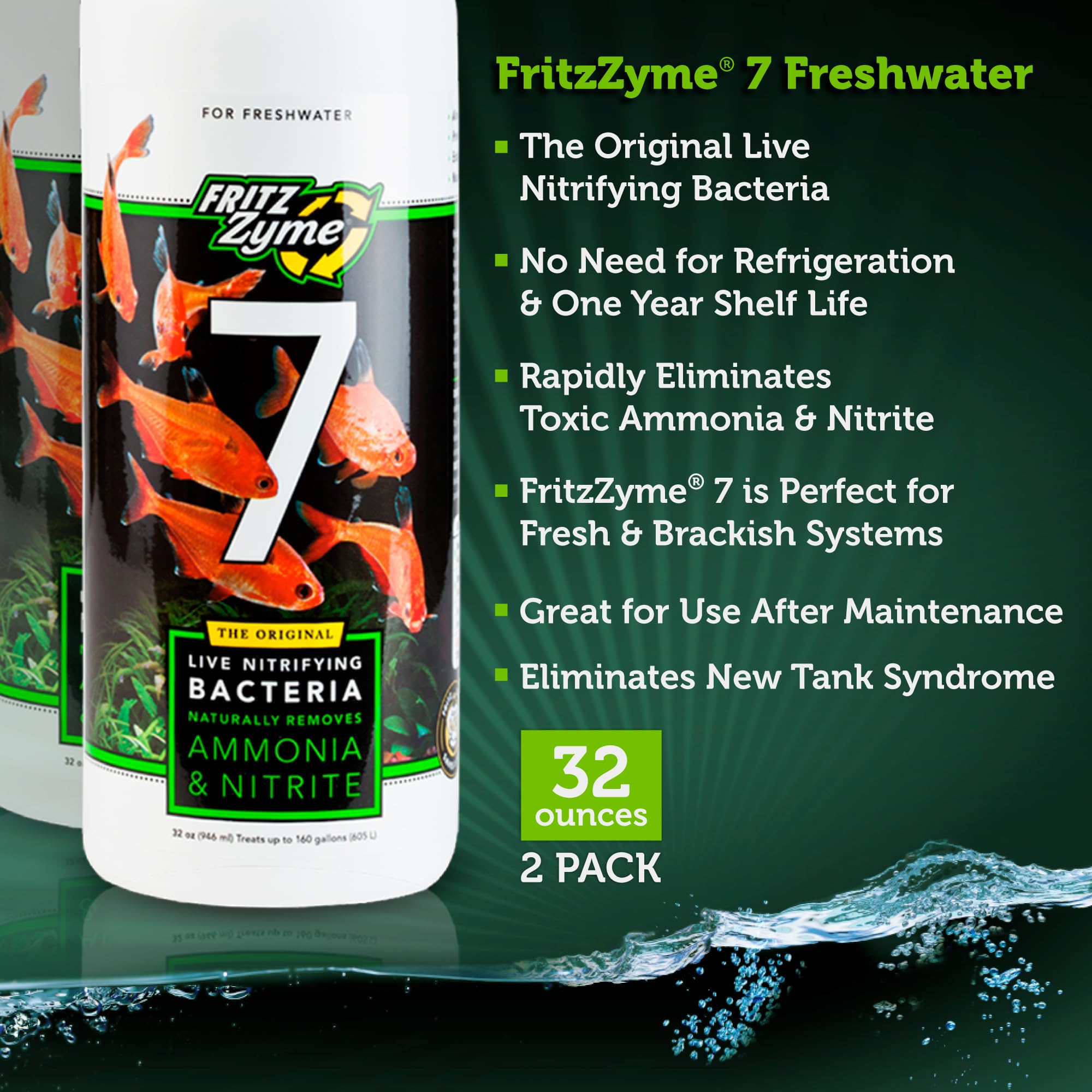 Fritz Aquatics FritzZyme 7 Live Nitrifying Bacteria Naturally Removes Amonia & Nitrite for Freshwater Fish (32-Ounce | 2-Pack)
