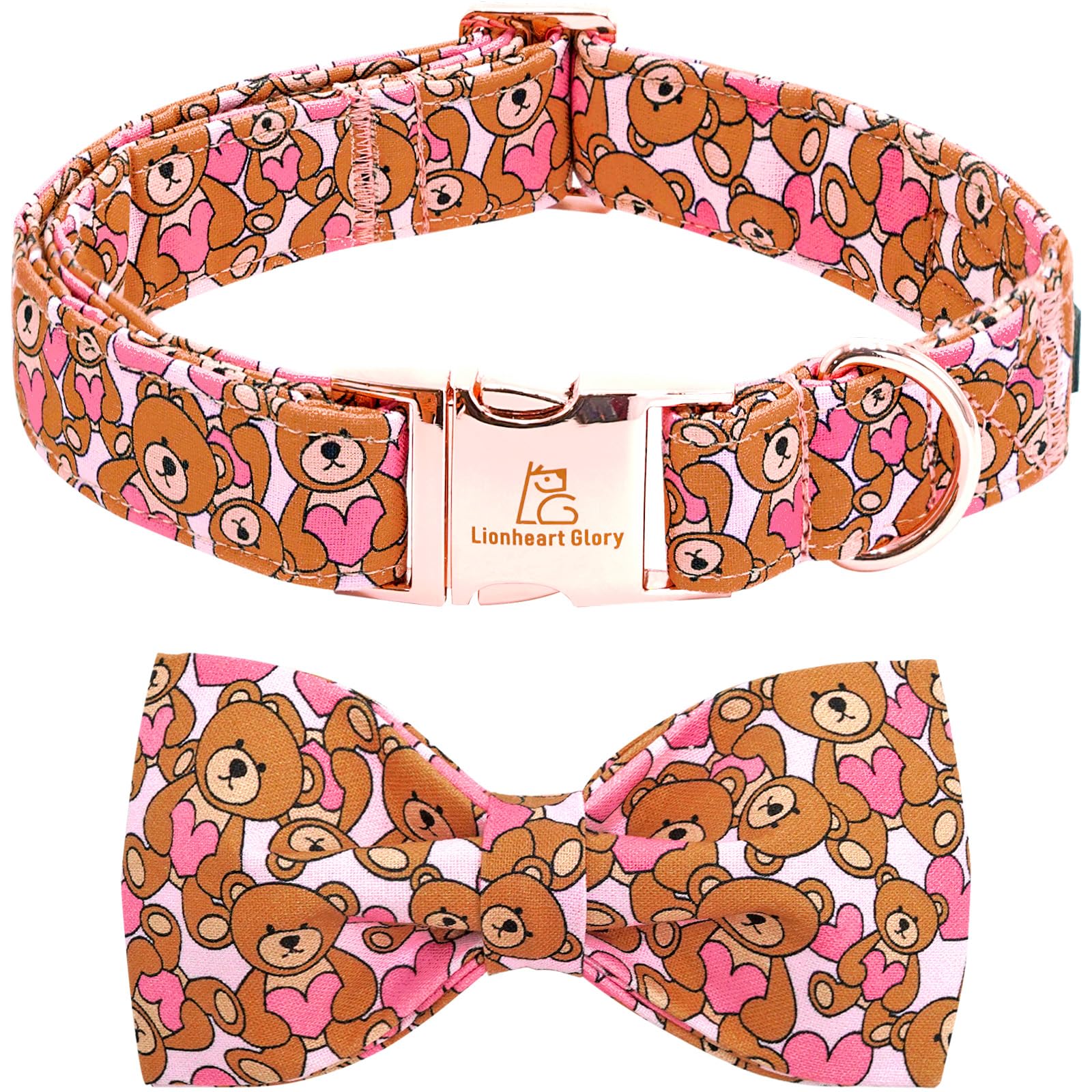 Lionheart Glory Dog Bow Collar Valentine'S Day Dog Collar For Large Dogs Hearts Bear Dog Collar With Bowtie Spring Pink Dog Coll