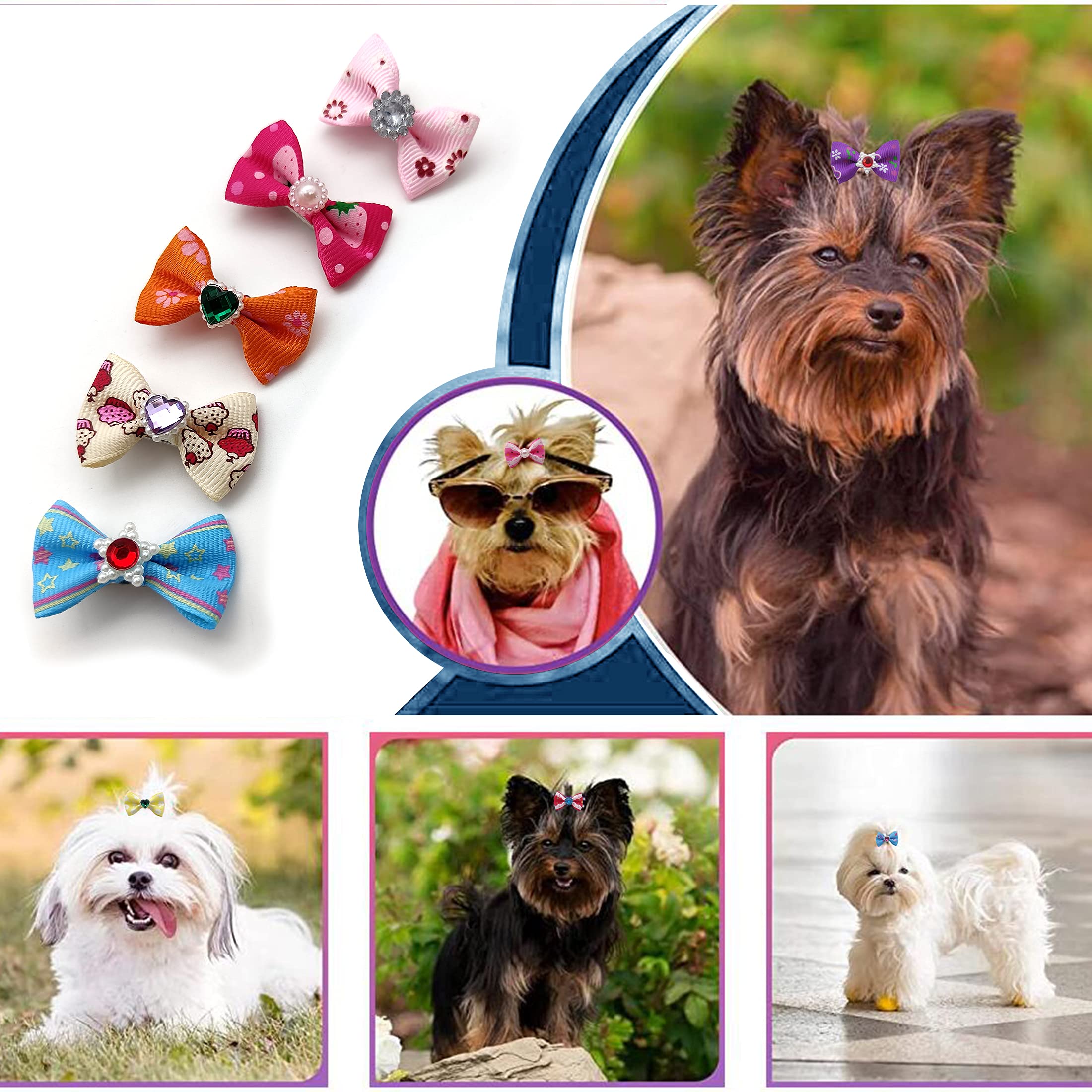 60Pcs Puppy Dogs Hair Barrettes Bows With Metal Clips,Rhinestone Tiny Christmas Bowknot Hair Bows Hair Topknot Hair Clips For Cat Puppy Party Birthday ,Handmade Hair Accessories Pet Grooming